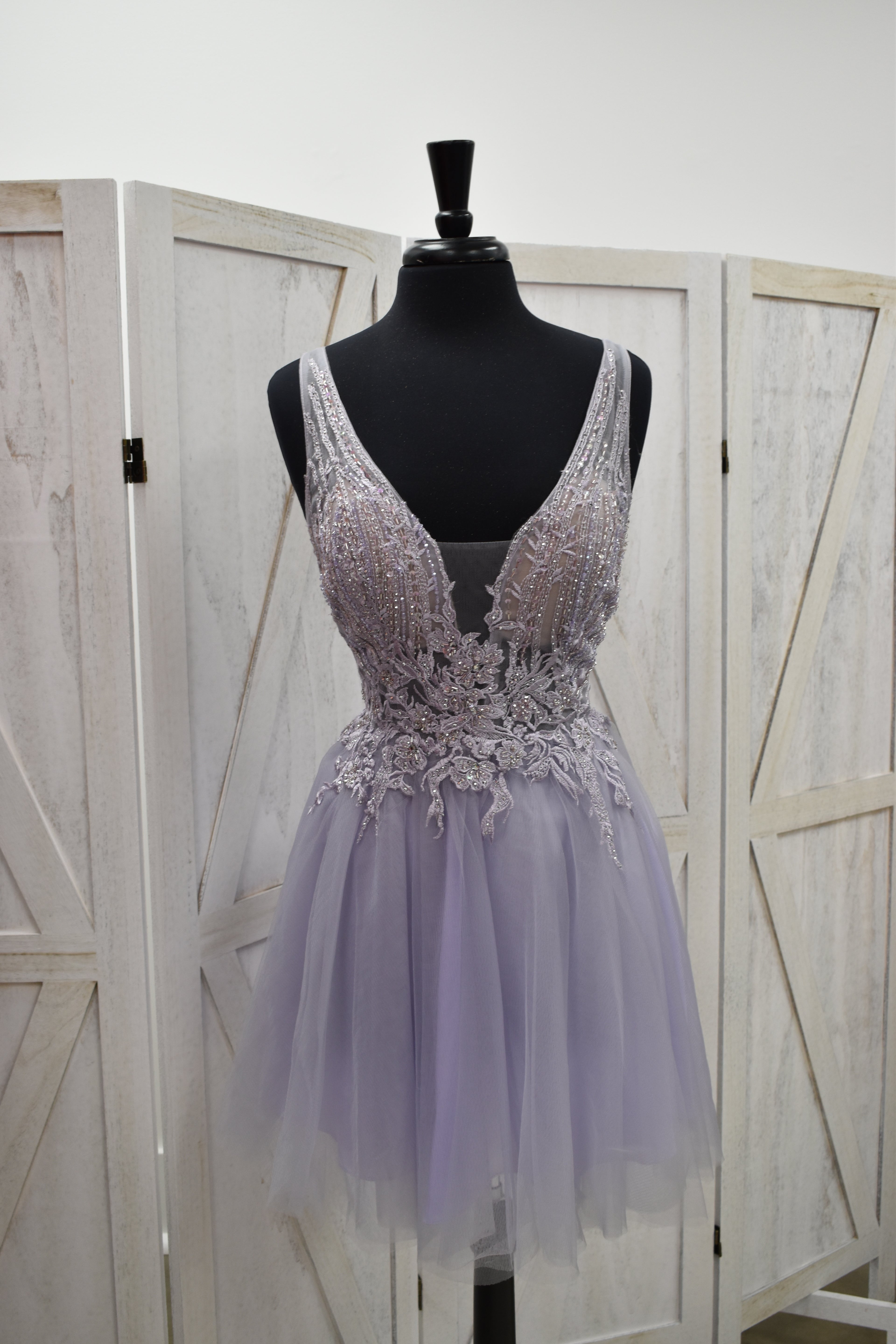 Dusty Lavender Beaded Lace Deep V-Neck Tulle Skater Mini Dress