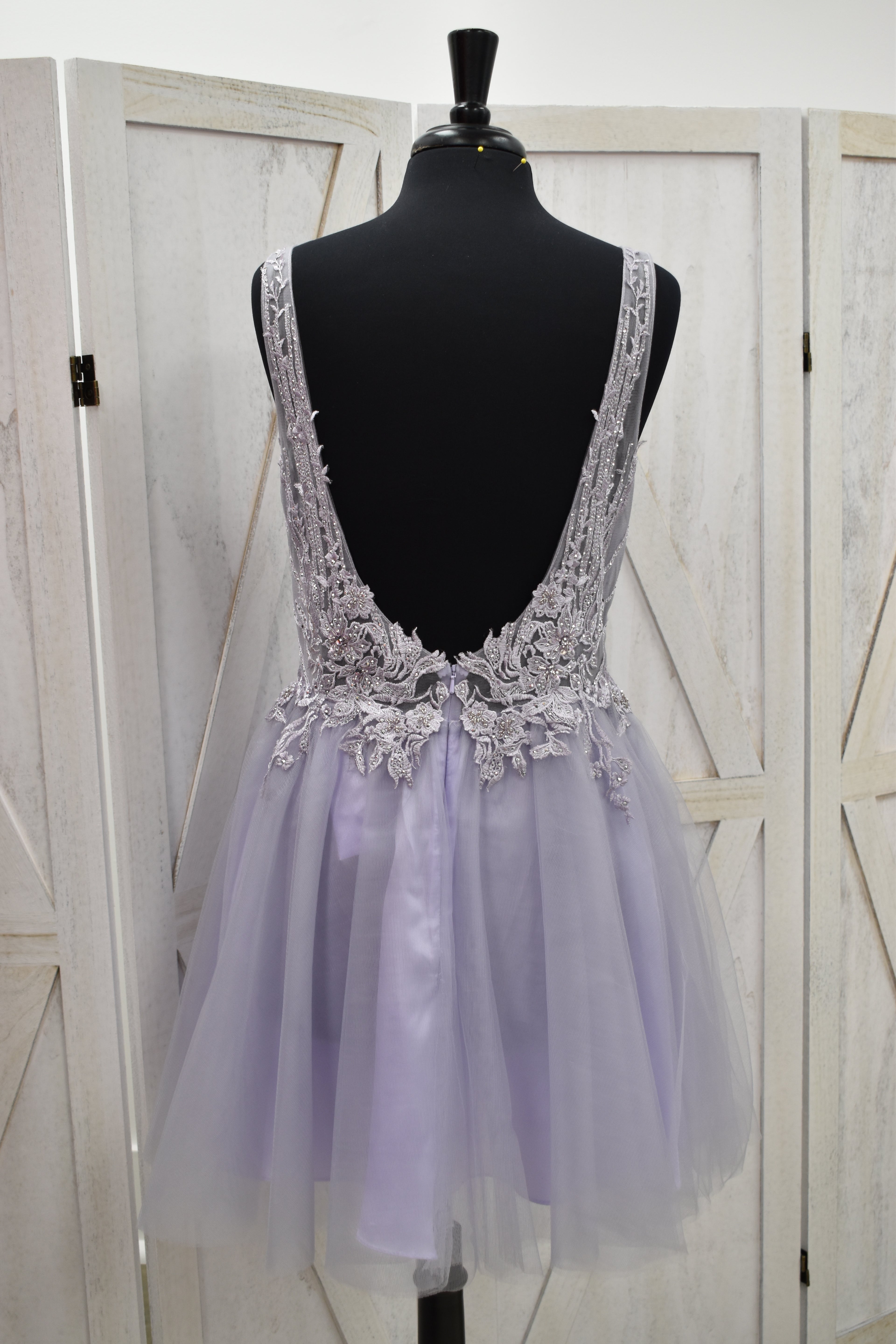 Dusty Lavender Beaded Lace Deep V-Neck Tulle Skater Mini Dress