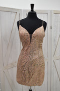 Champagne Gold Geometric Sequin Deep Plunge Bodycon Mini Dress
