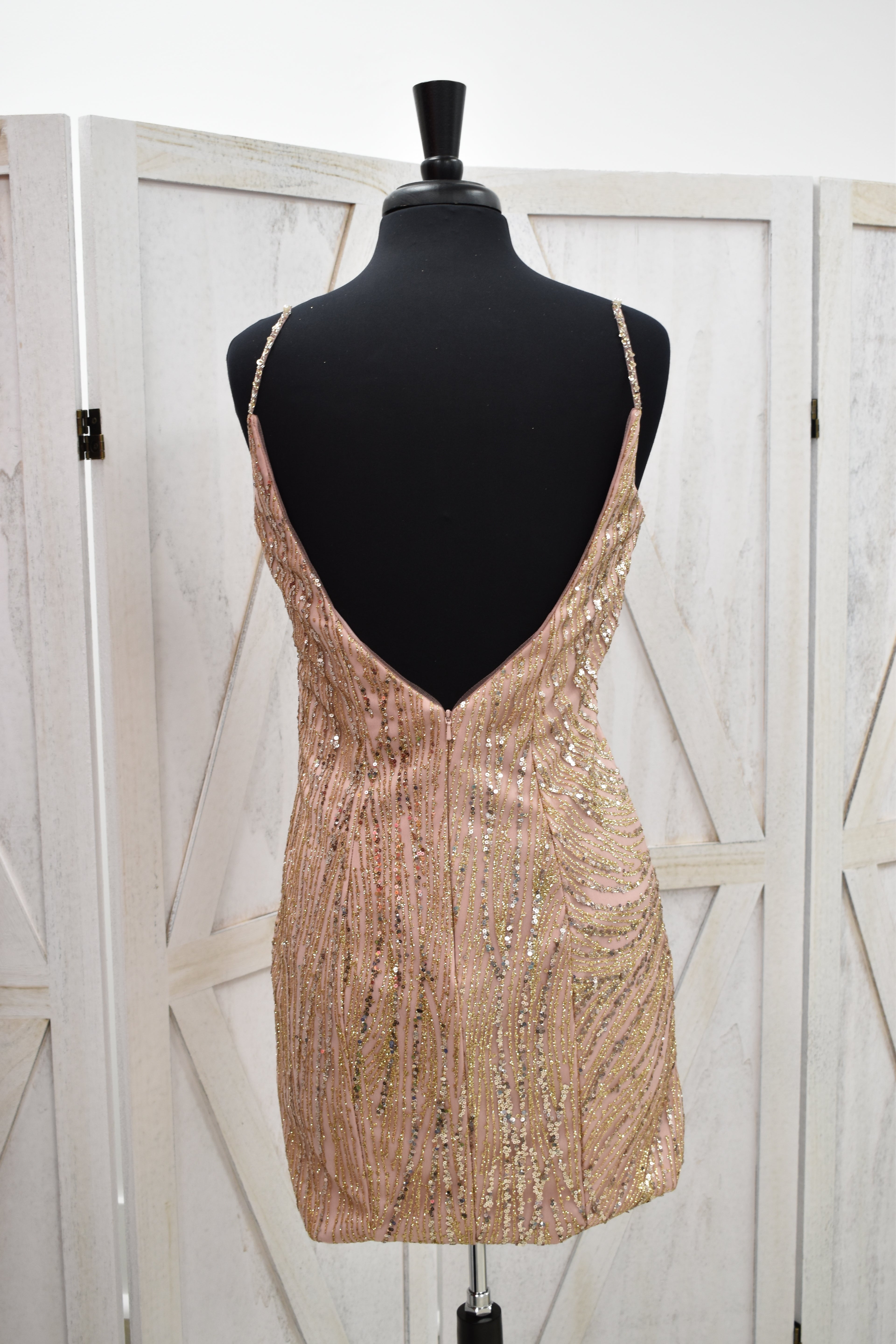 Champagne Gold Geometric Sequin Deep Plunge Bodycon Mini Dress