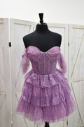 Lilac Glitter Corset Off-Shoulder Tiered Ruffle Tulle Mini Dress