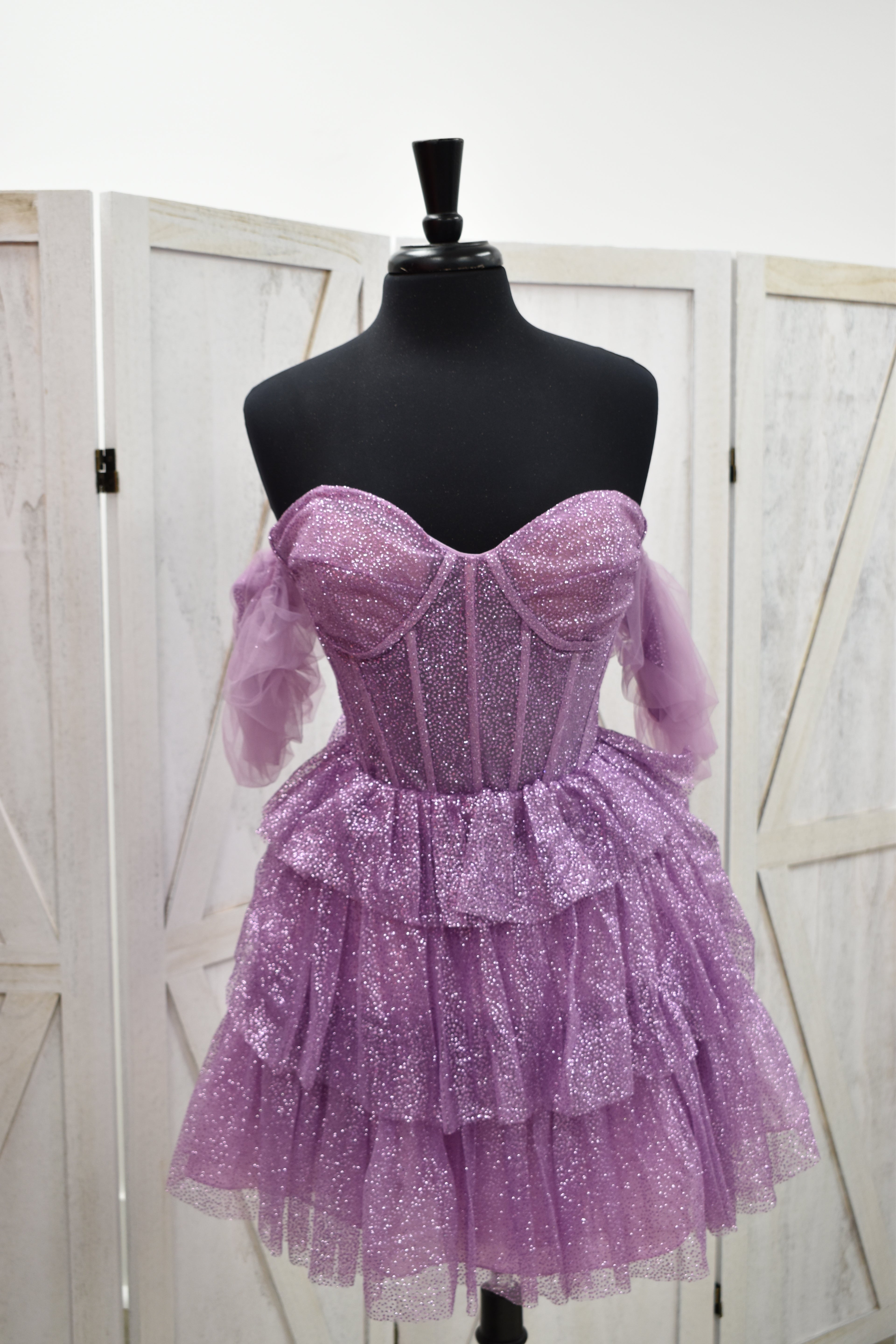 Lilac Glitter Corset Off-Shoulder Tiered Ruffle Tulle Mini Dress