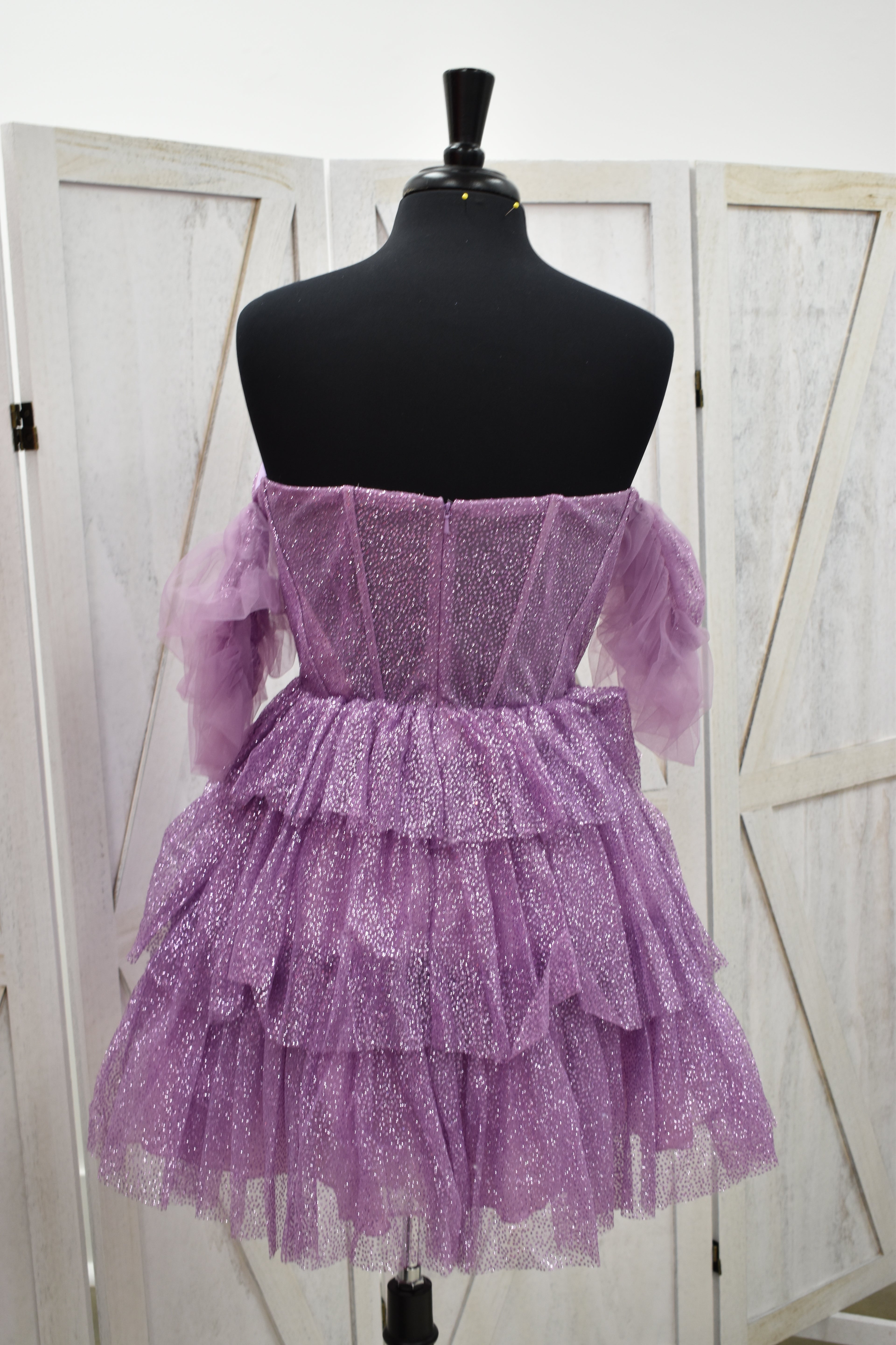Lilac Glitter Corset Off-Shoulder Tiered Ruffle Tulle Mini Dress