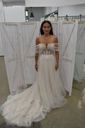 Off-the-Shoulder Glitter Tulle A-Line Gown with Illusion Corset Bodice