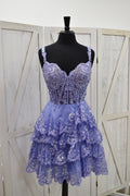 Periwinkle Lace Corset Sweetheart Tiered Ruffle Mini Dress