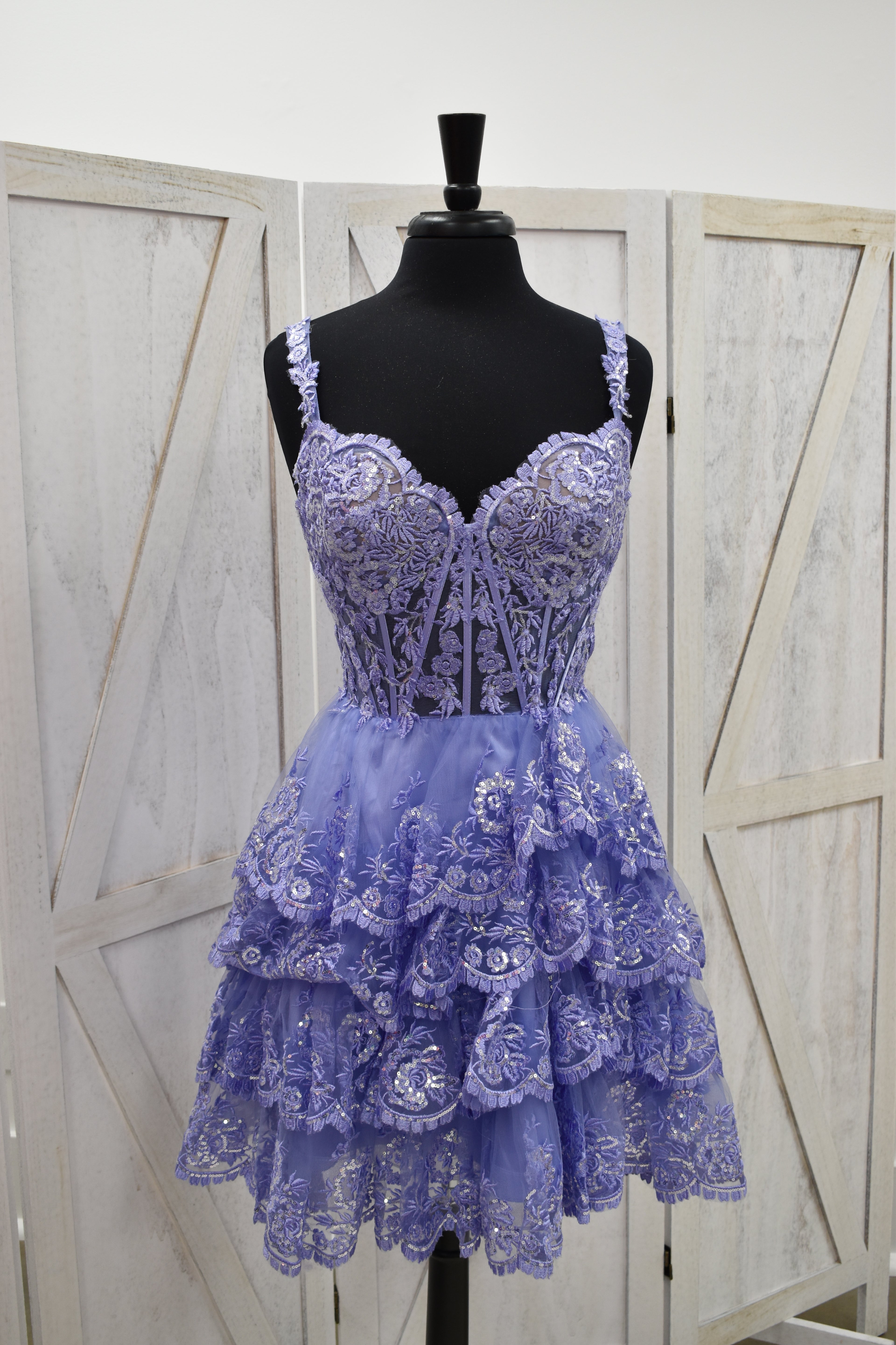 Periwinkle Lace Corset Sweetheart Tiered Ruffle Mini Dress