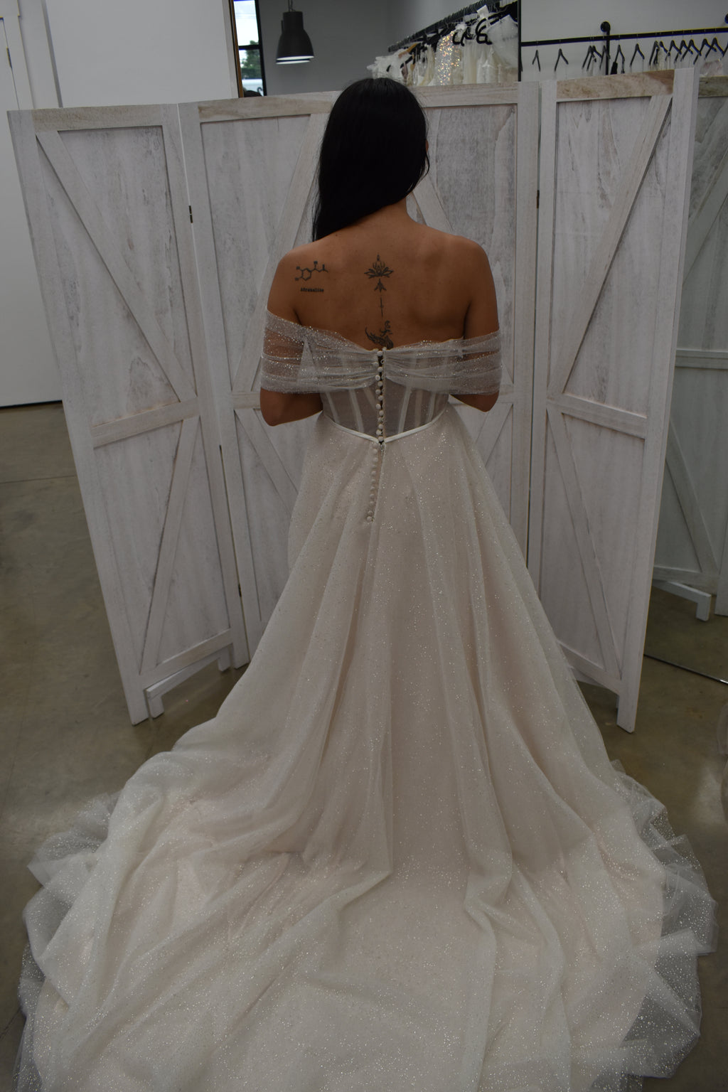 Off-the-Shoulder Glitter Tulle A-Line Gown with Illusion Corset Bodice