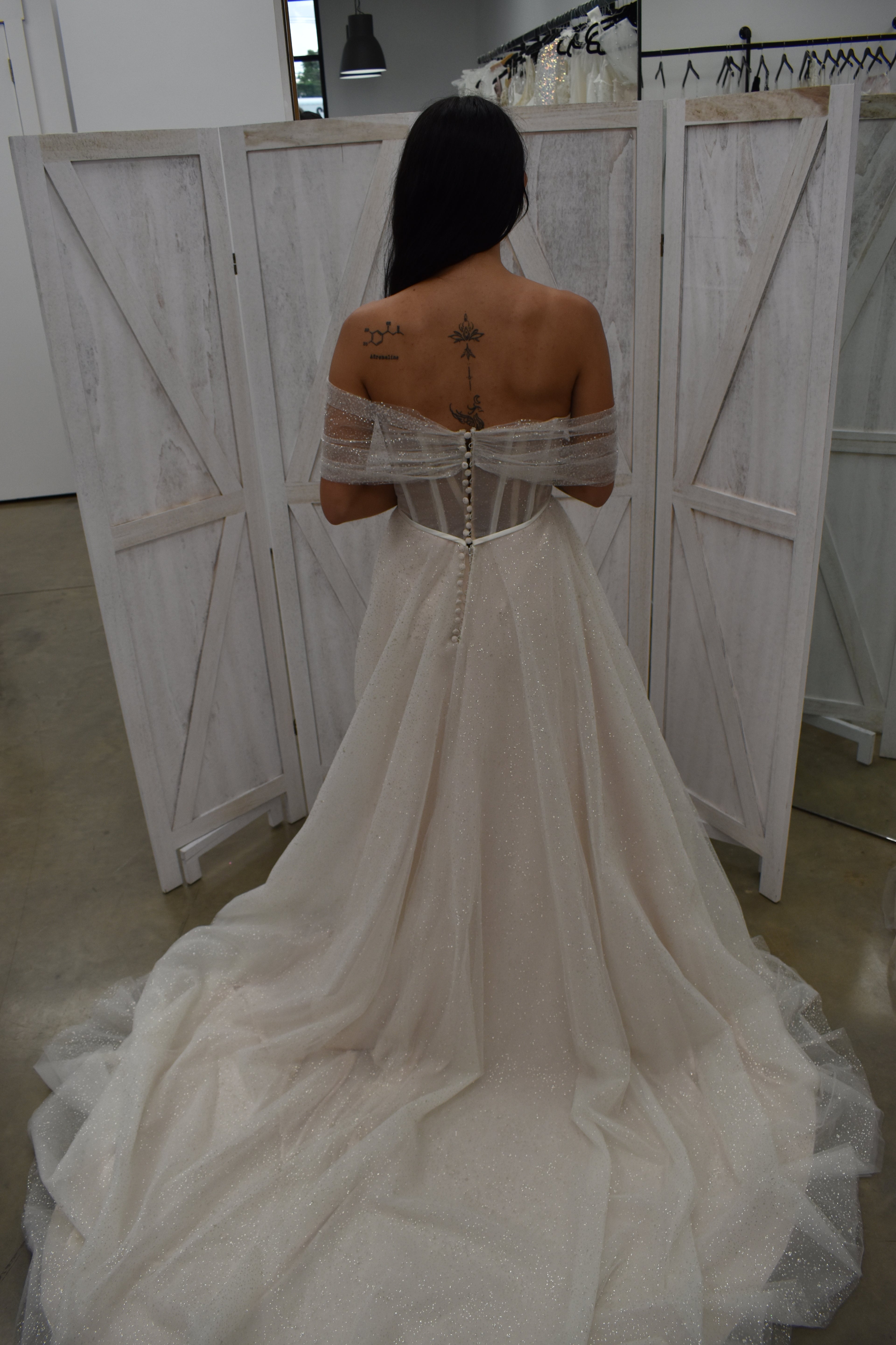 Off-the-Shoulder Glitter Tulle A-Line Gown with Illusion Corset Bodice