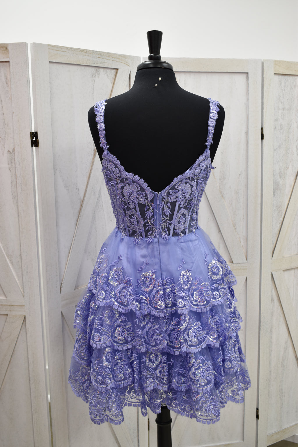Periwinkle Lace Corset Sweetheart Tiered Ruffle Mini Dress