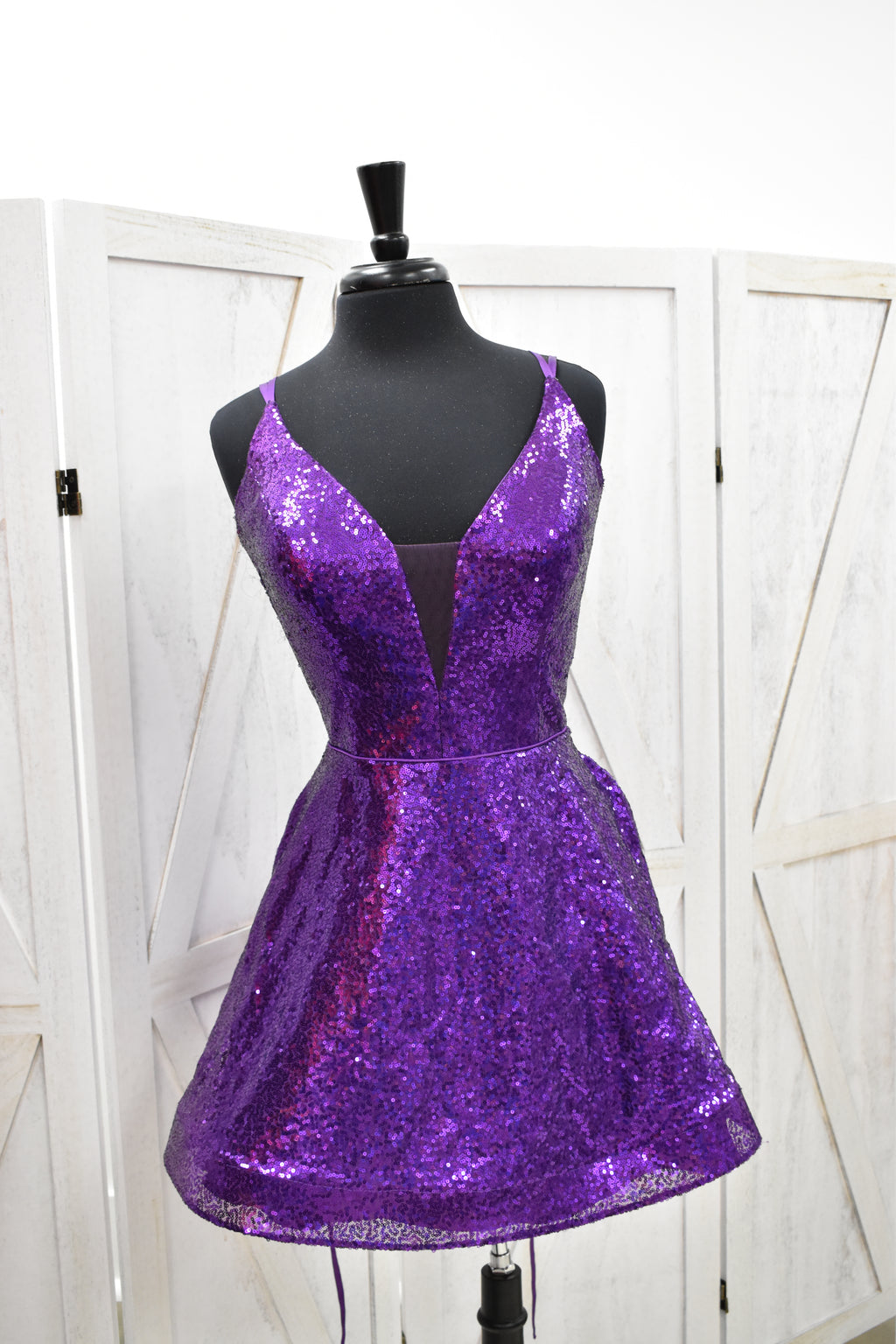 Royal Purple Sequin Deep Plunge Skater Mini Dress