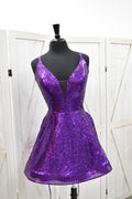 Royal Purple Sequin Deep Plunge Skater Mini Dress