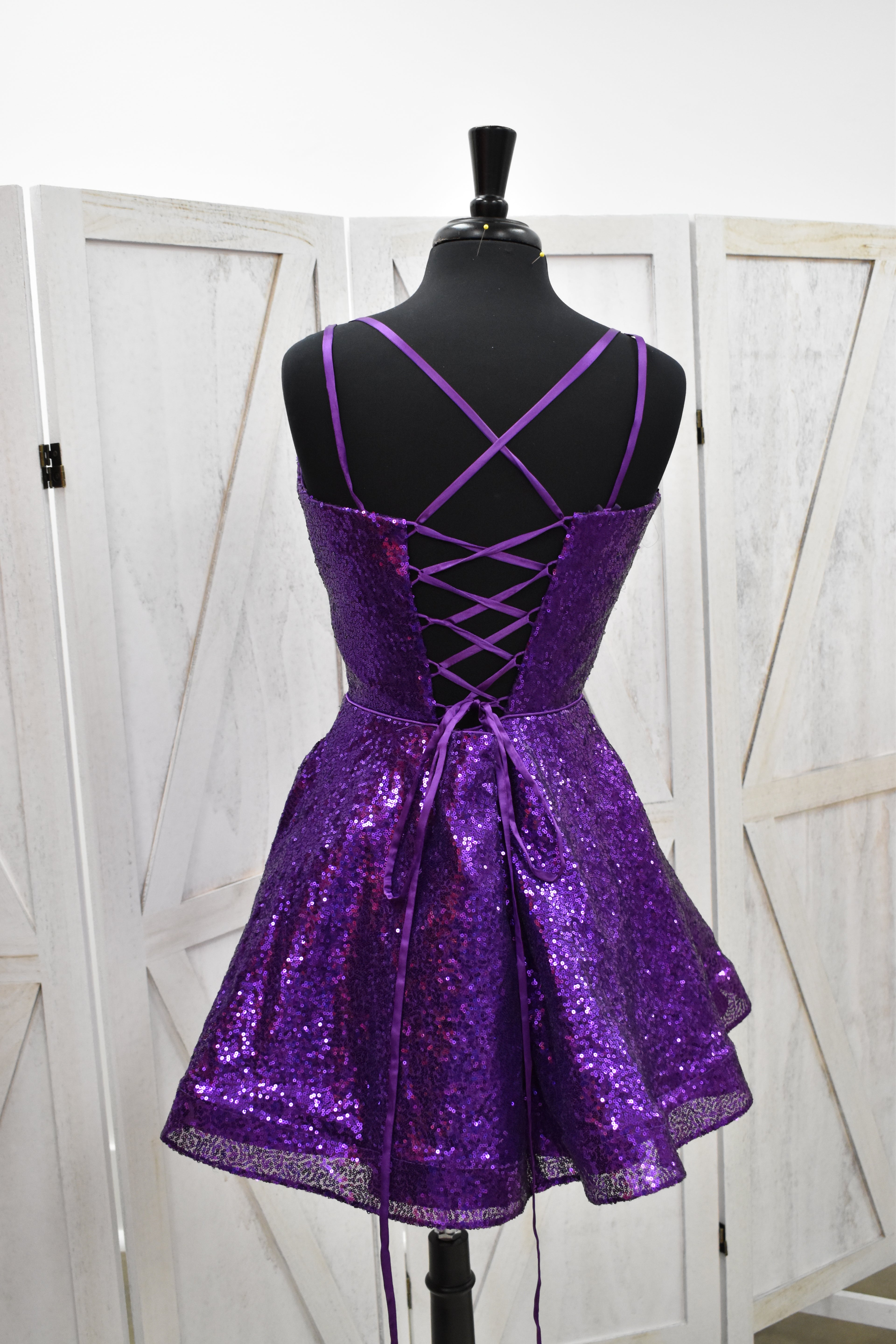 Royal Purple Sequin Deep Plunge Skater Mini Dress