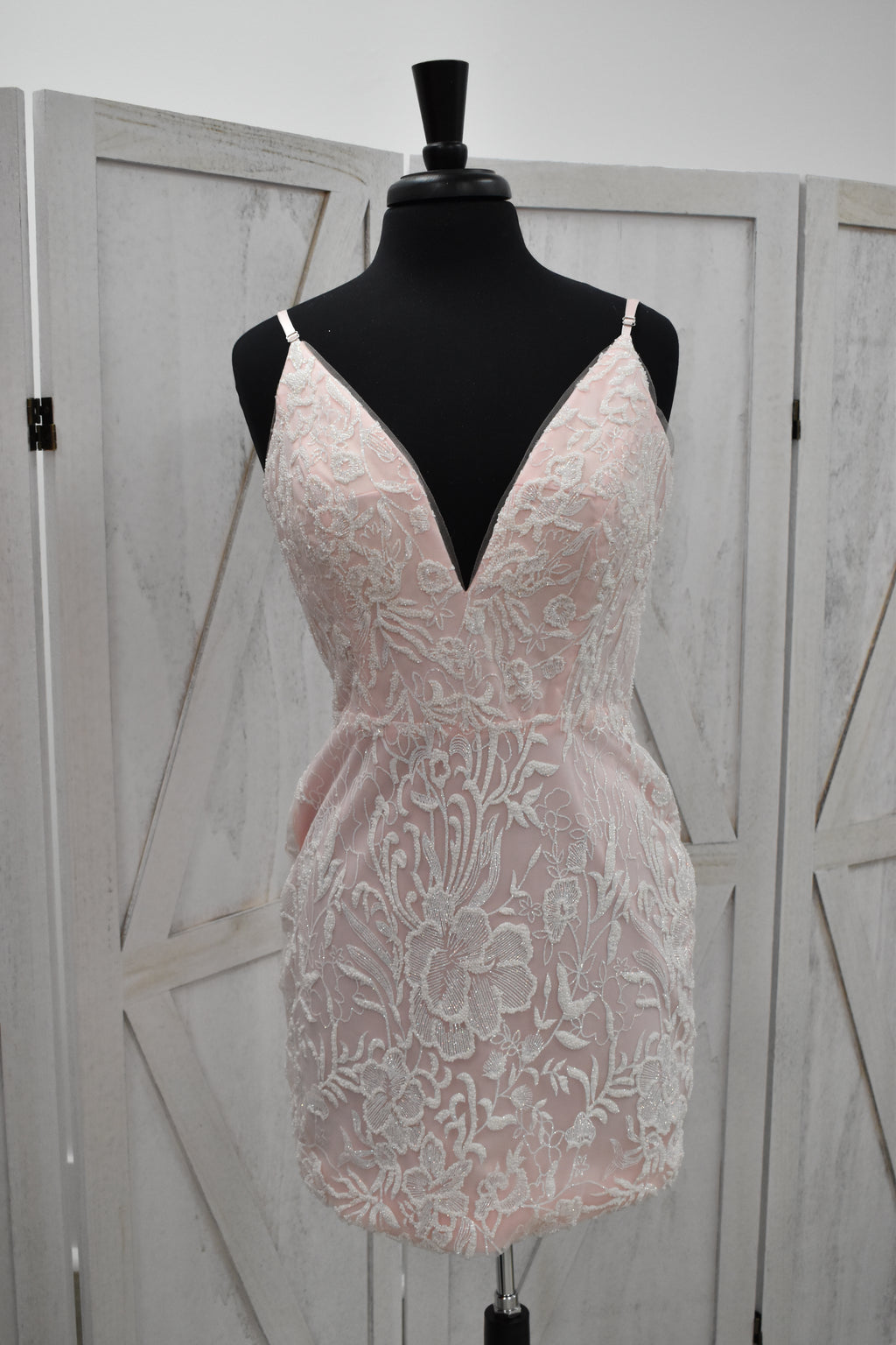 Blush Floral Lace Deep Plunge Bodycon Mini Dress with Crystal Straps