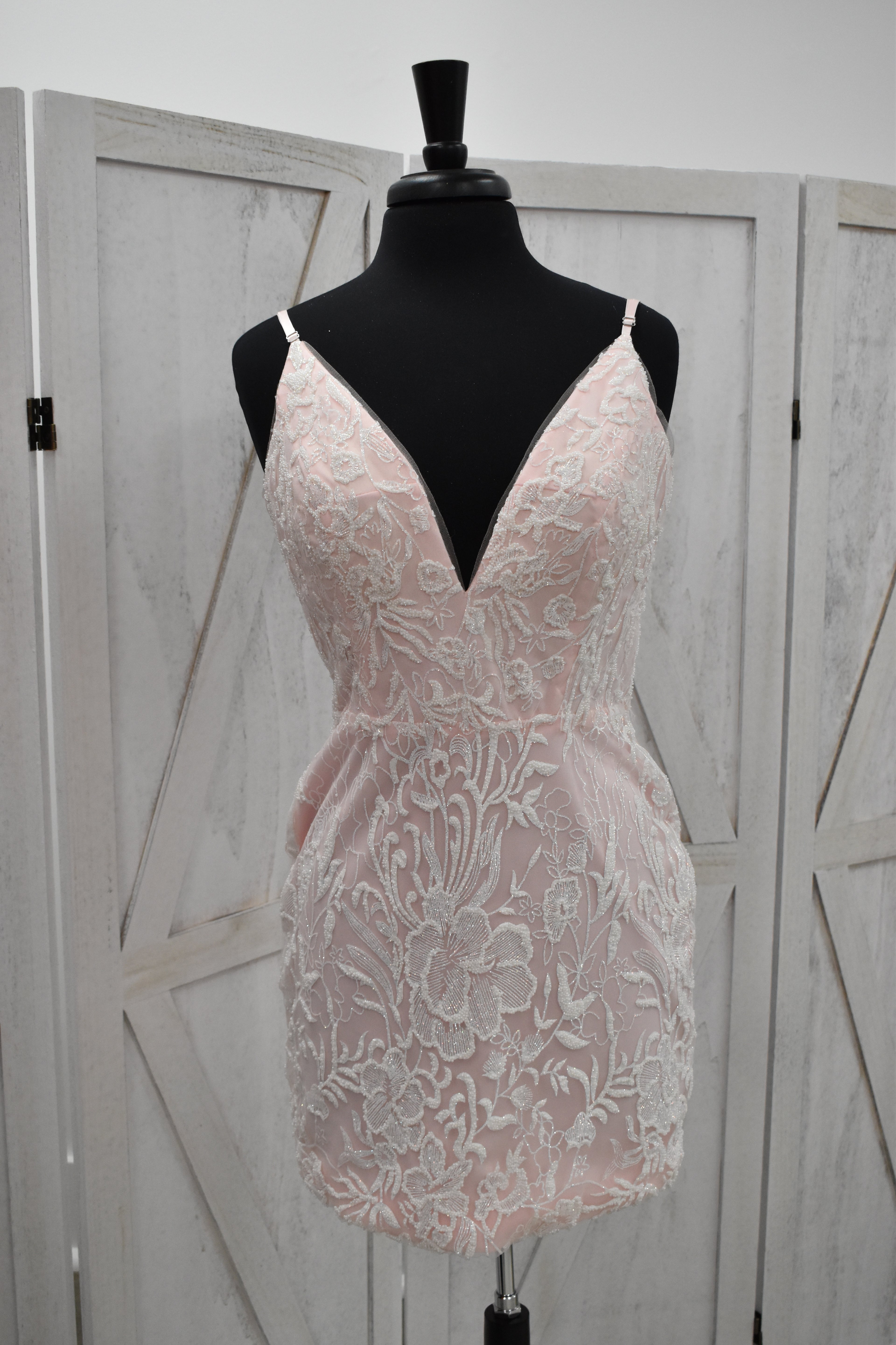 Blush Floral Lace Deep Plunge Bodycon Mini Dress with Crystal Straps