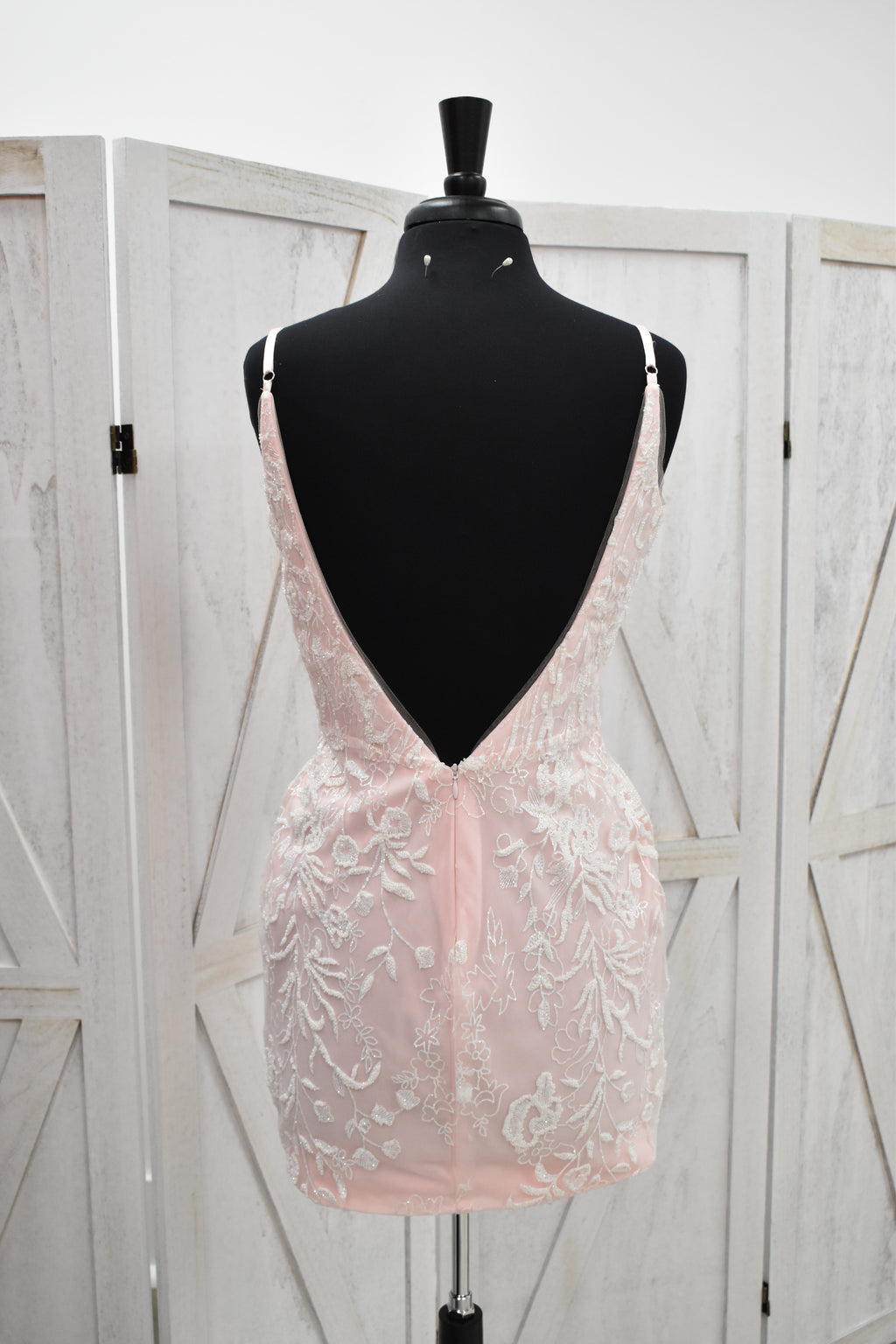 Blush Floral Lace Deep Plunge Bodycon Mini Dress with Crystal Straps