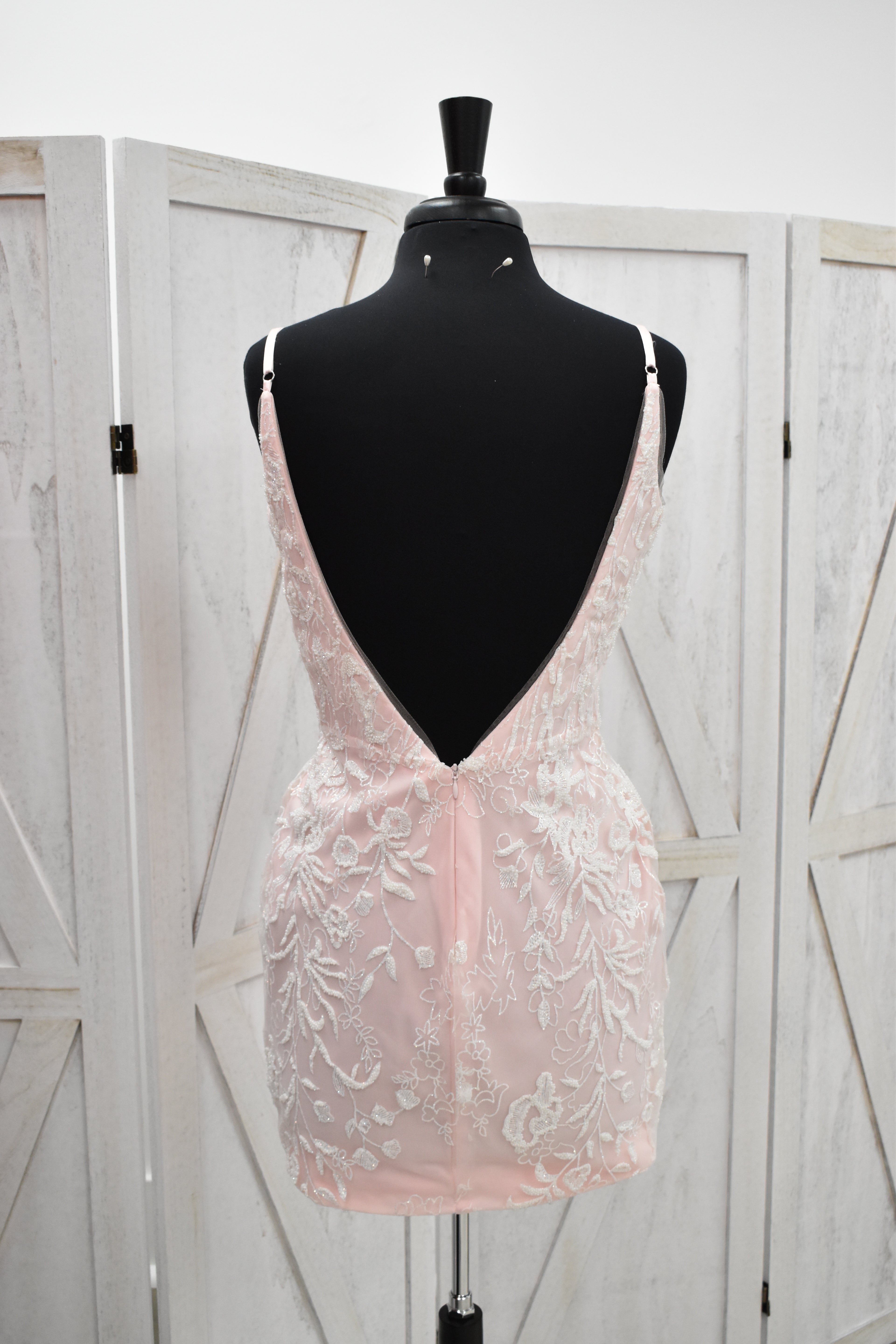 Blush Floral Lace Deep Plunge Bodycon Mini Dress with Crystal Straps