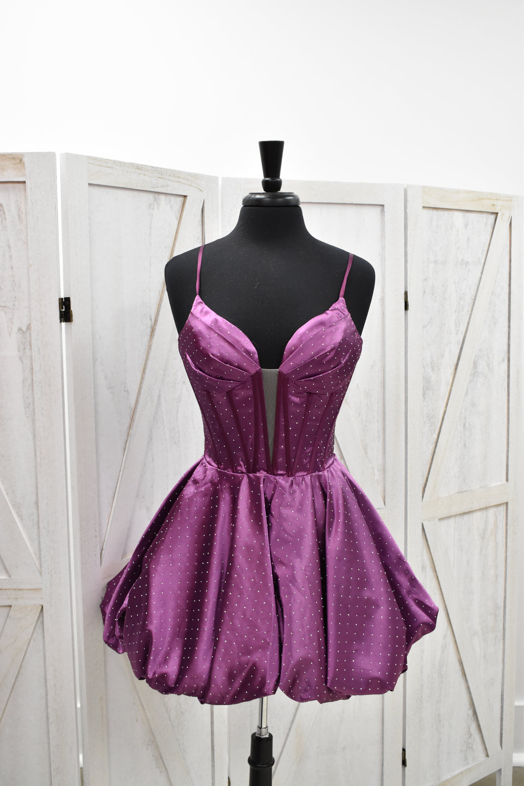 Orchid Satin Crystal Dot Corset Bubble Hem Mini Dress
