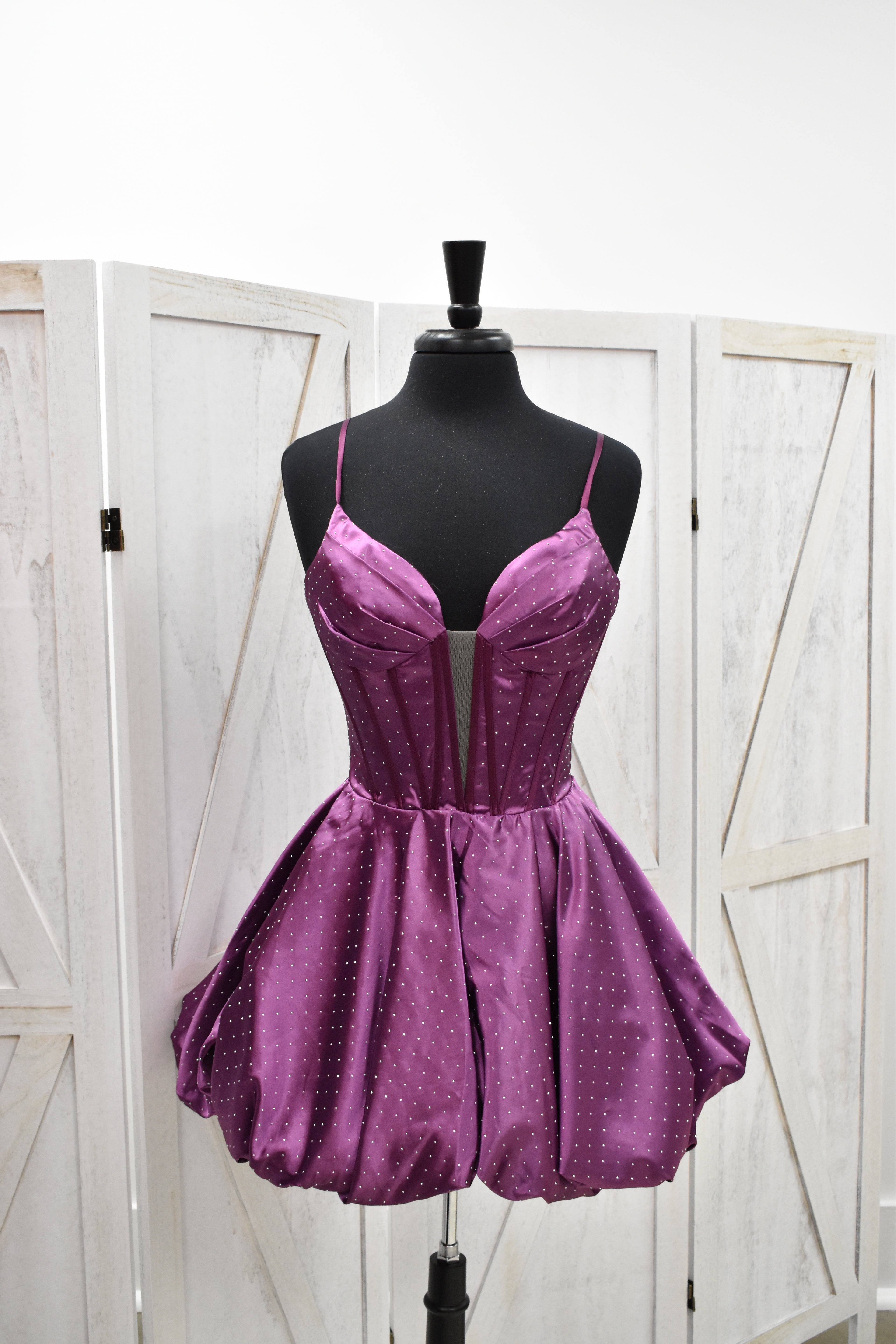 Orchid Satin Crystal Dot Corset Bubble Hem Mini Dress