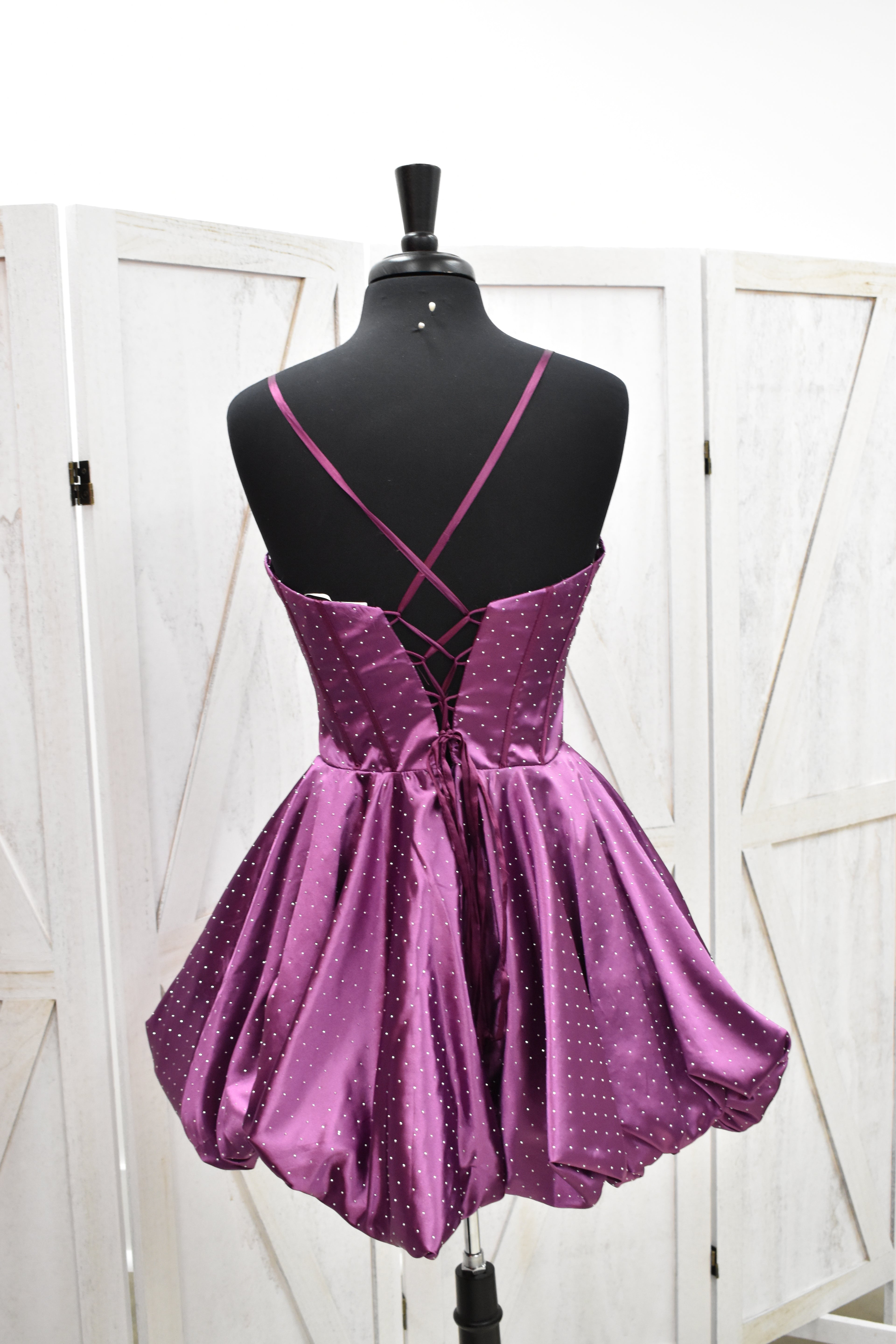 Orchid Satin Crystal Dot Corset Bubble Hem Mini Dress