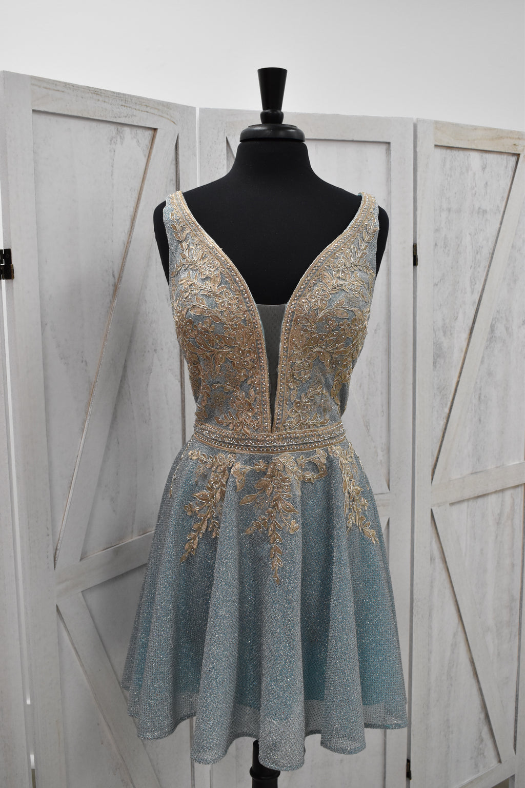Dusty Blue Glitter Tulle Gold Leaf Lace Appliqué Deep V-Neck Skater Mini Dress