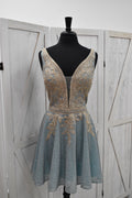 Dusty Blue Glitter Tulle Gold Leaf Lace Appliqué Deep V-Neck Skater Mini Dress
