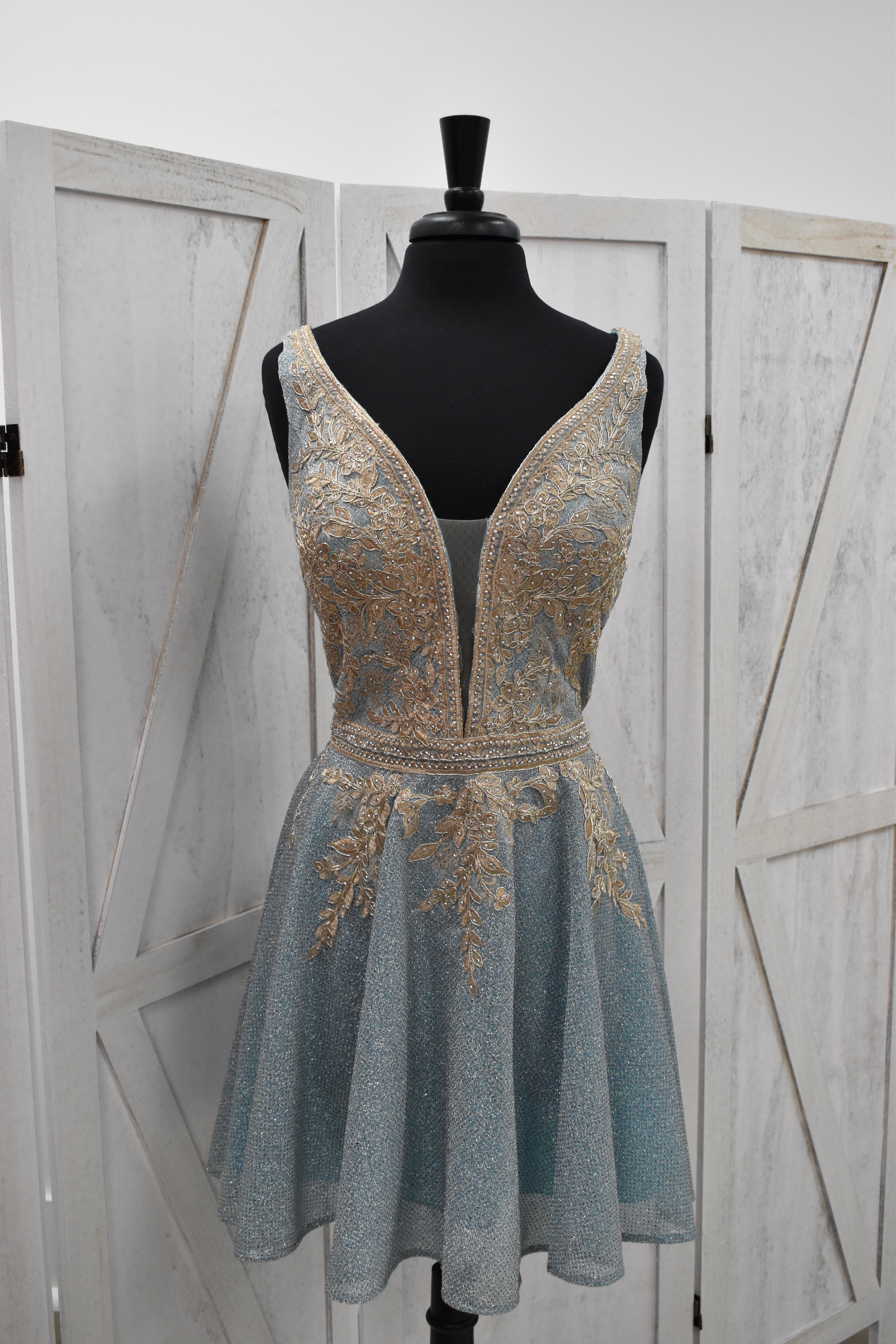 Dusty Blue Glitter Tulle Gold Leaf Lace Appliqué Deep V-Neck Skater Mini Dress