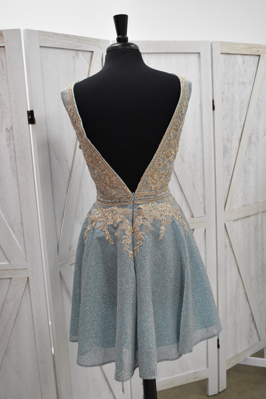 Dusty Blue Glitter Tulle Gold Leaf Lace Appliqué Deep V-Neck Skater Mini Dress