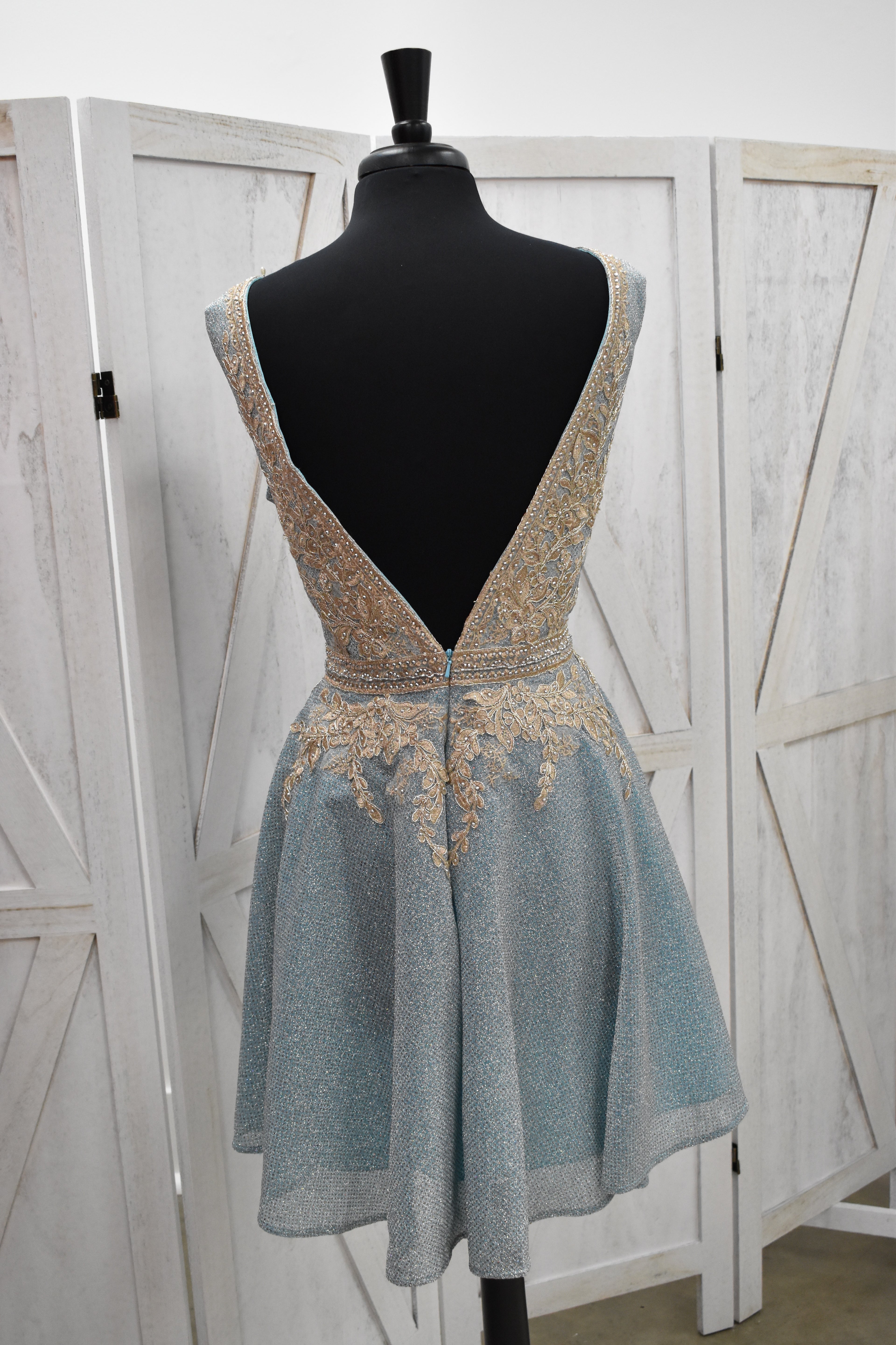 Dusty Blue Glitter Tulle Gold Leaf Lace Appliqué Deep V-Neck Skater Mini Dress