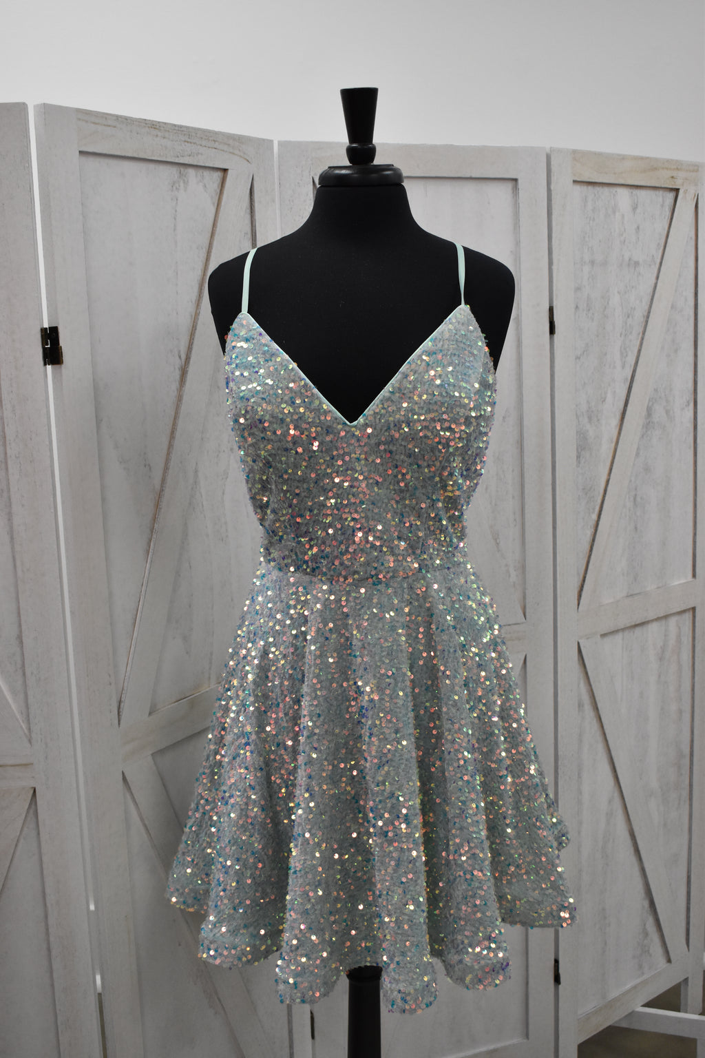 Icy Mint Iridescent Chunky Sequin V-Neck Skater Mini Dress