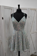 Icy Mint Iridescent Chunky Sequin V-Neck Skater Mini Dress