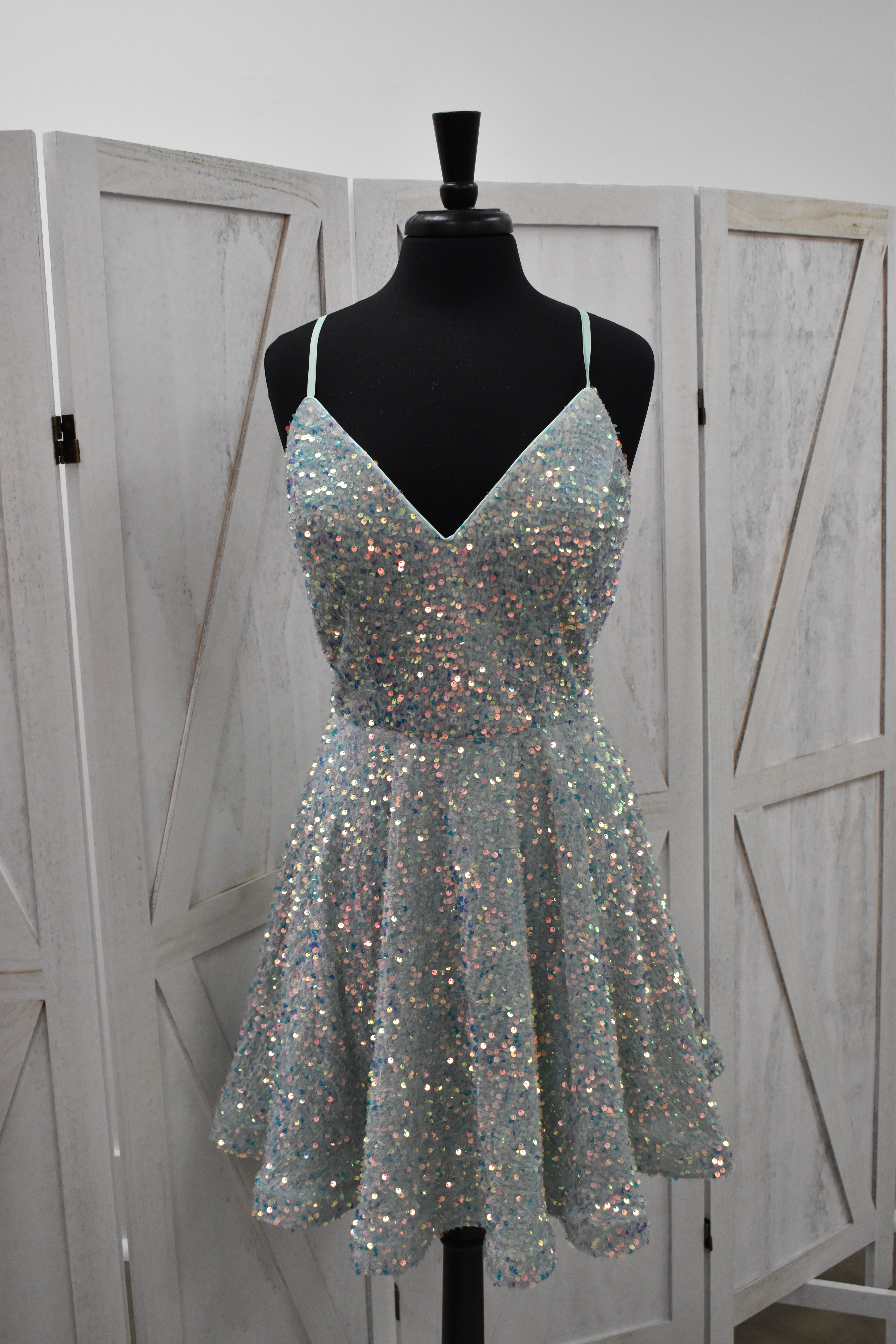 Icy Mint Iridescent Chunky Sequin V-Neck Skater Mini Dress