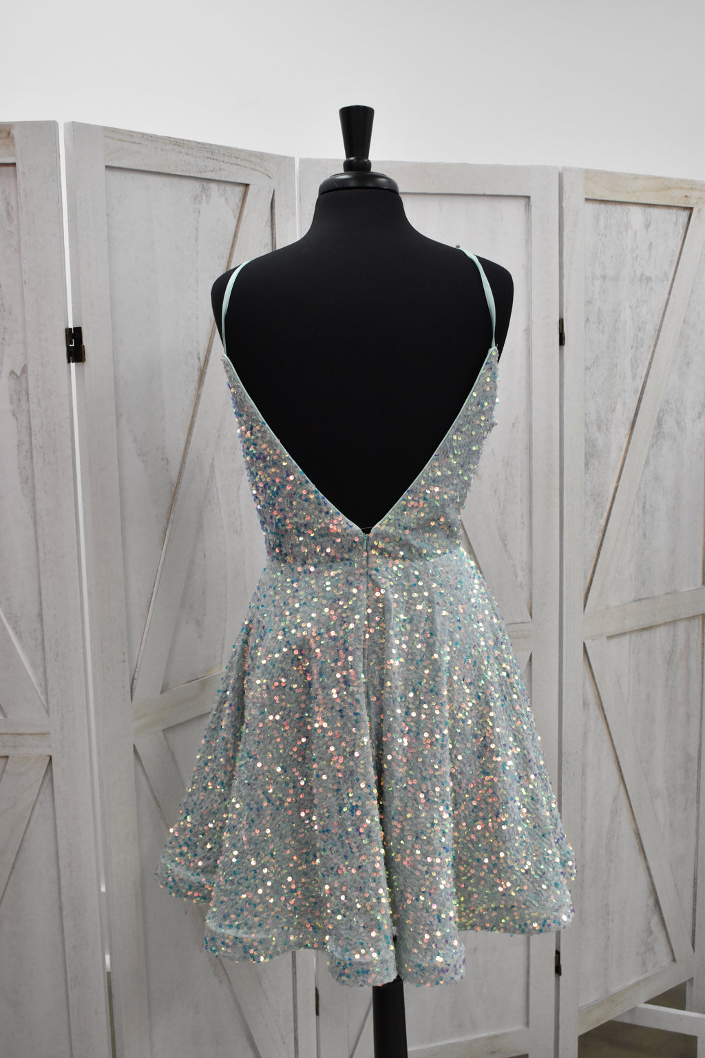 Icy Mint Iridescent Chunky Sequin V-Neck Skater Mini Dress
