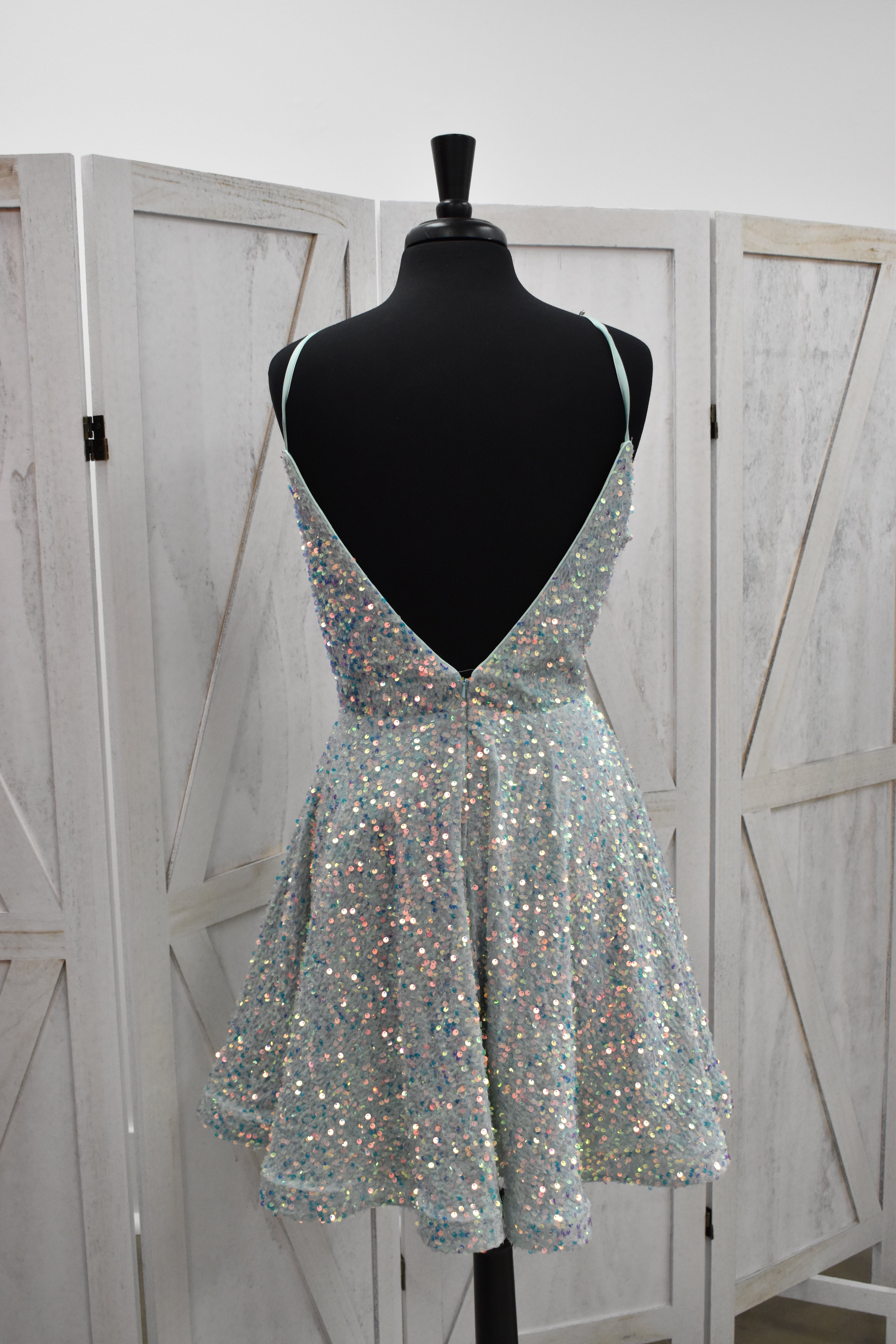 Icy Mint Iridescent Chunky Sequin V-Neck Skater Mini Dress