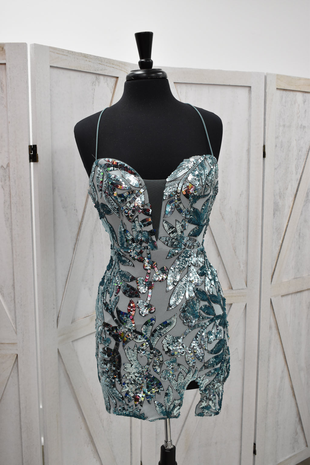 Teal Iridescent Tropical Leaf Sequin Deep Plunge Bodycon Mini Dress