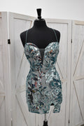 Teal Iridescent Tropical Leaf Sequin Deep Plunge Bodycon Mini Dress