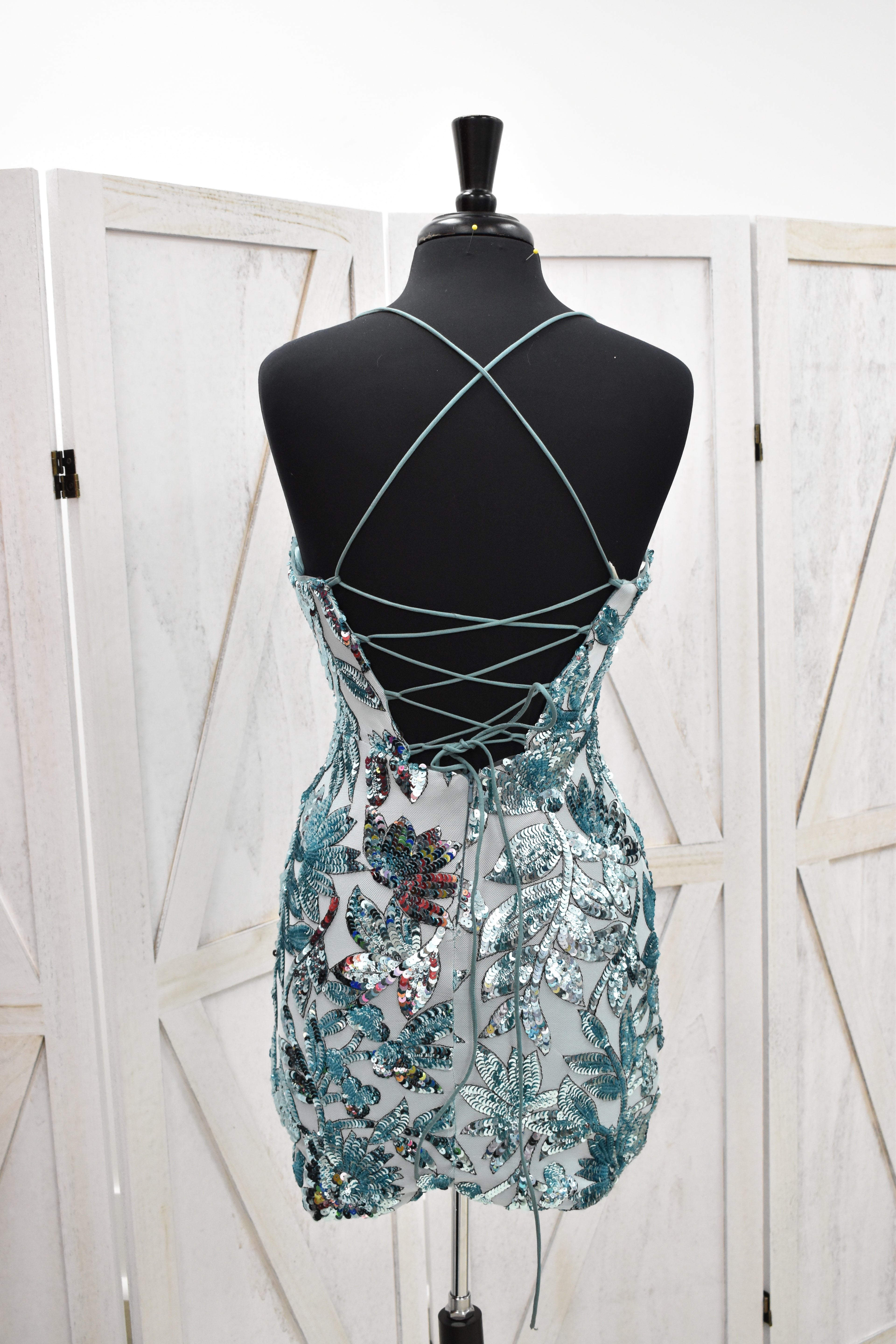 Teal Iridescent Tropical Leaf Sequin Deep Plunge Bodycon Mini Dress