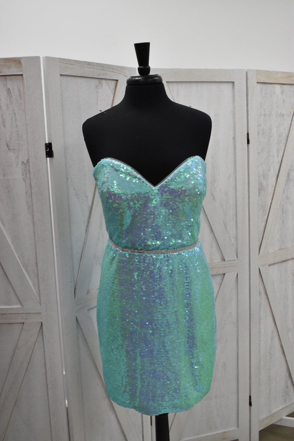 Aqua Iridescent Sequin Strapless Sweetheart Bodycon Mini Dress with Crystal Belt