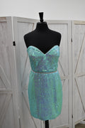 Aqua Iridescent Sequin Strapless Sweetheart Bodycon Mini Dress with Crystal Belt