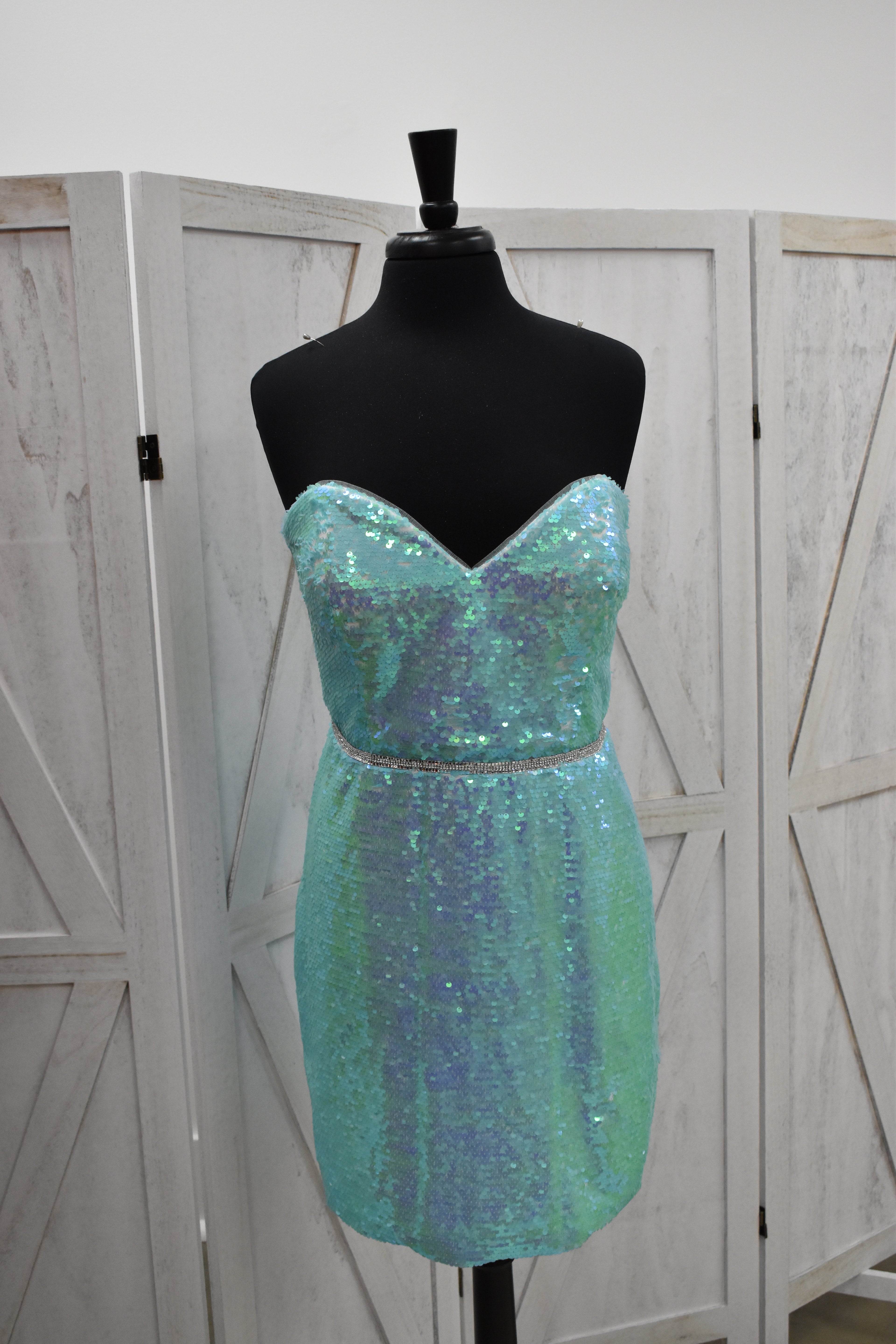 Aqua Iridescent Sequin Strapless Sweetheart Bodycon Mini Dress with Crystal Belt