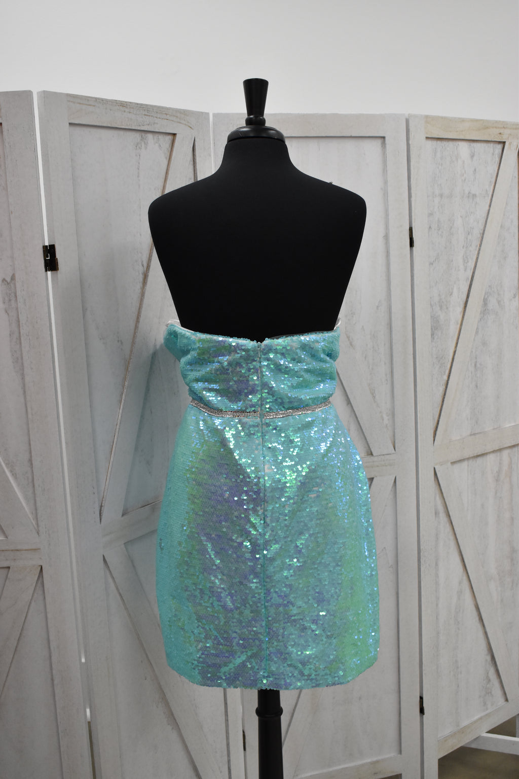 Aqua Iridescent Sequin Strapless Sweetheart Bodycon Mini Dress with Crystal Belt