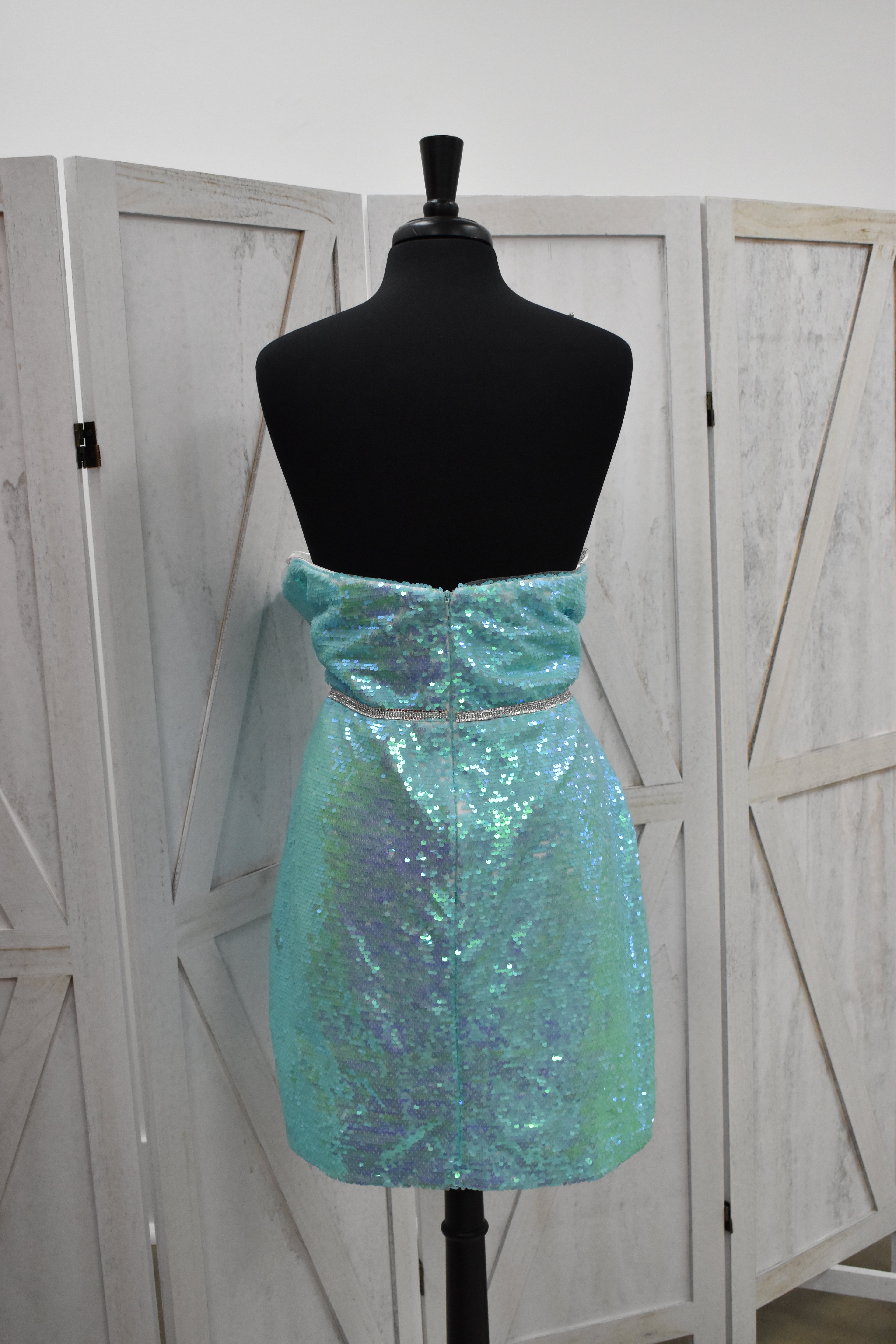 Aqua Iridescent Sequin Strapless Sweetheart Bodycon Mini Dress with Crystal Belt