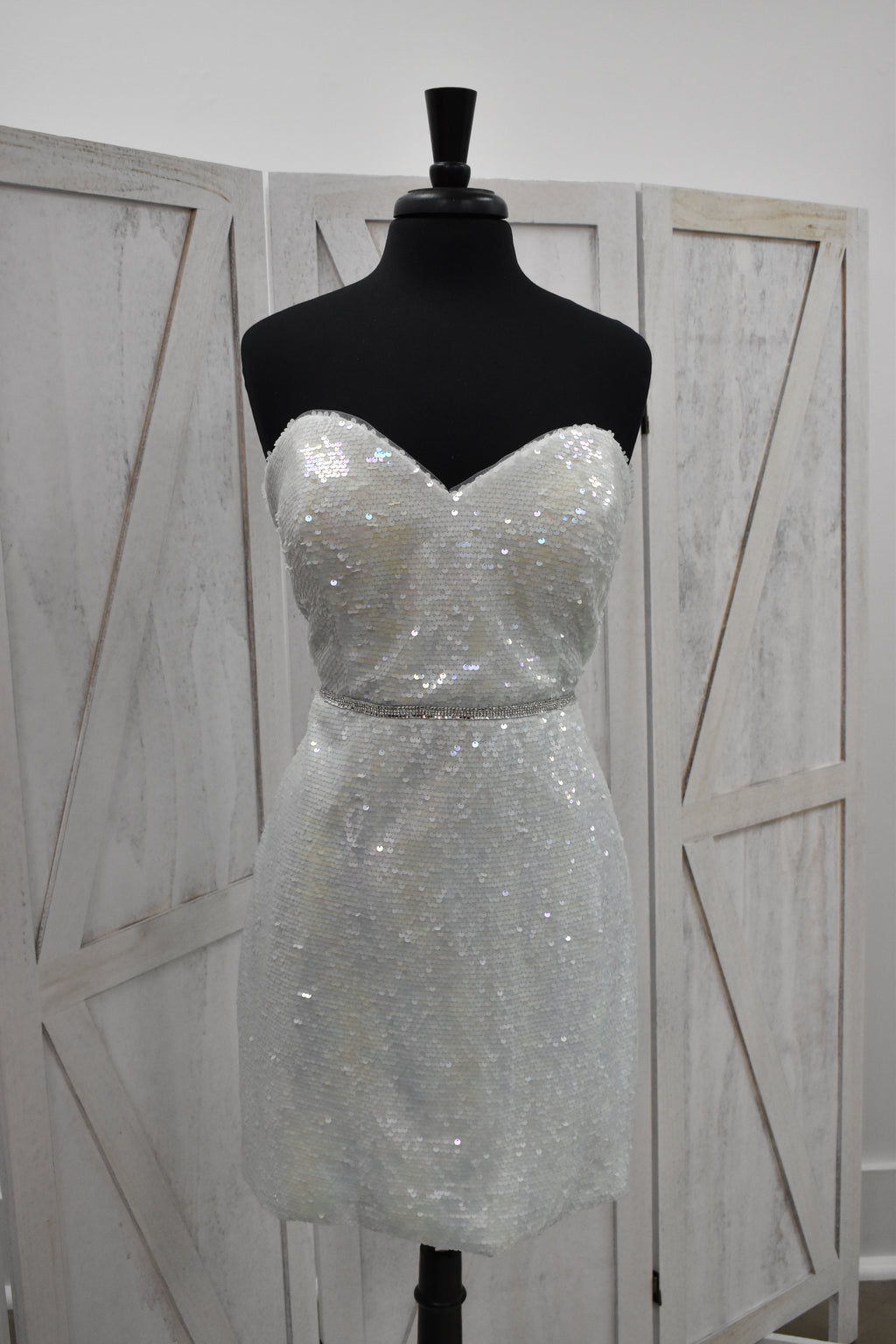 White Iridescent Sequin Strapless Sweetheart Bodycon Mini Dress with Crystal Belt