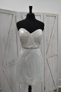 White Iridescent Sequin Strapless Sweetheart Bodycon Mini Dress with Crystal Belt