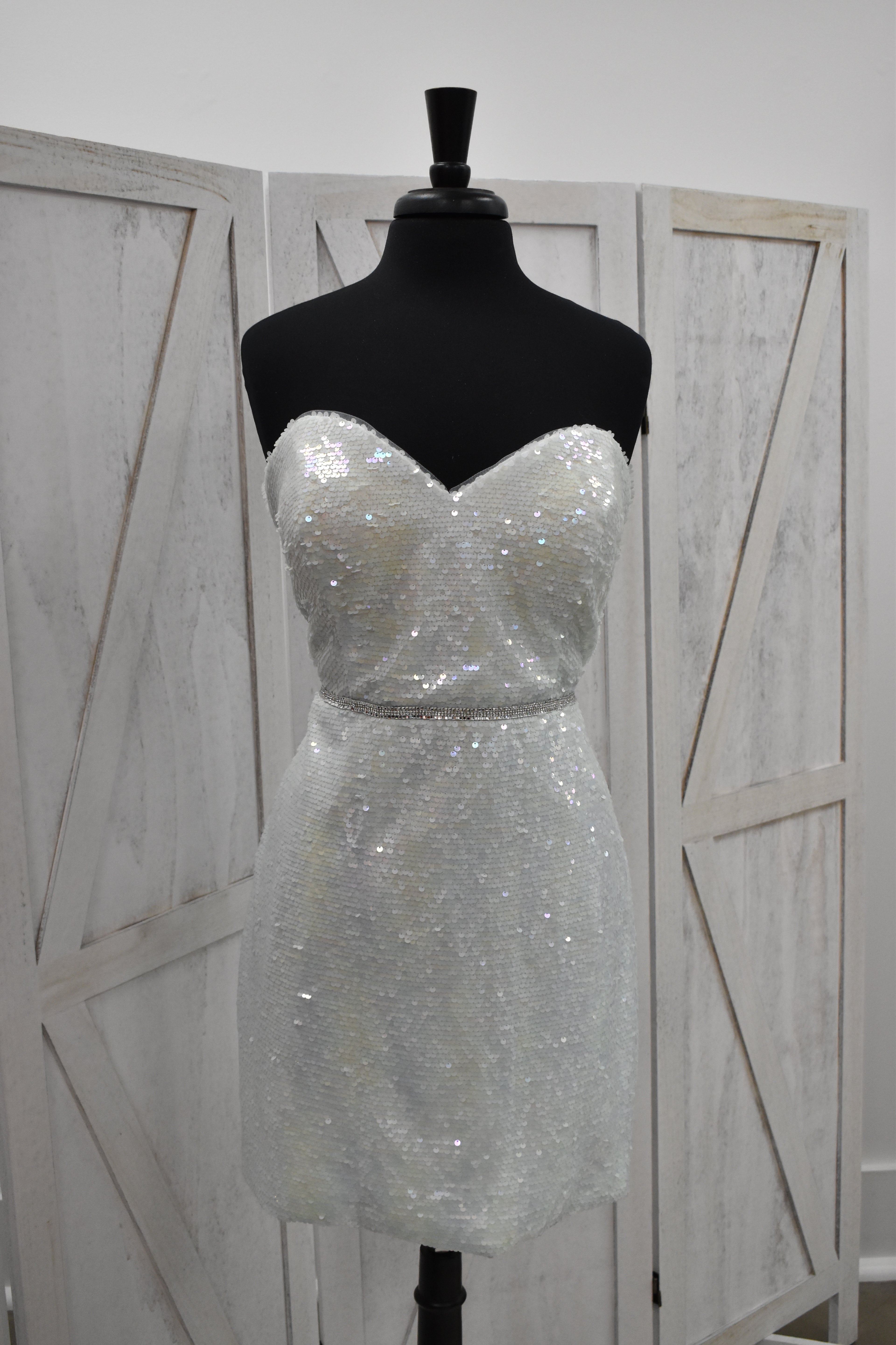 White Iridescent Sequin Strapless Sweetheart Bodycon Mini Dress with Crystal Belt