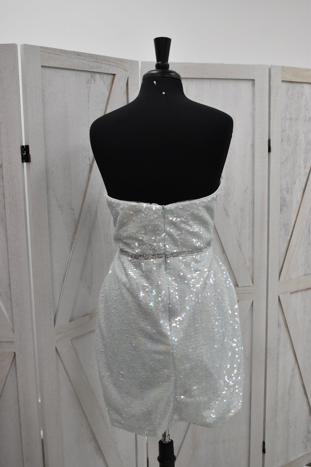 White Iridescent Sequin Strapless Sweetheart Bodycon Mini Dress with Crystal Belt