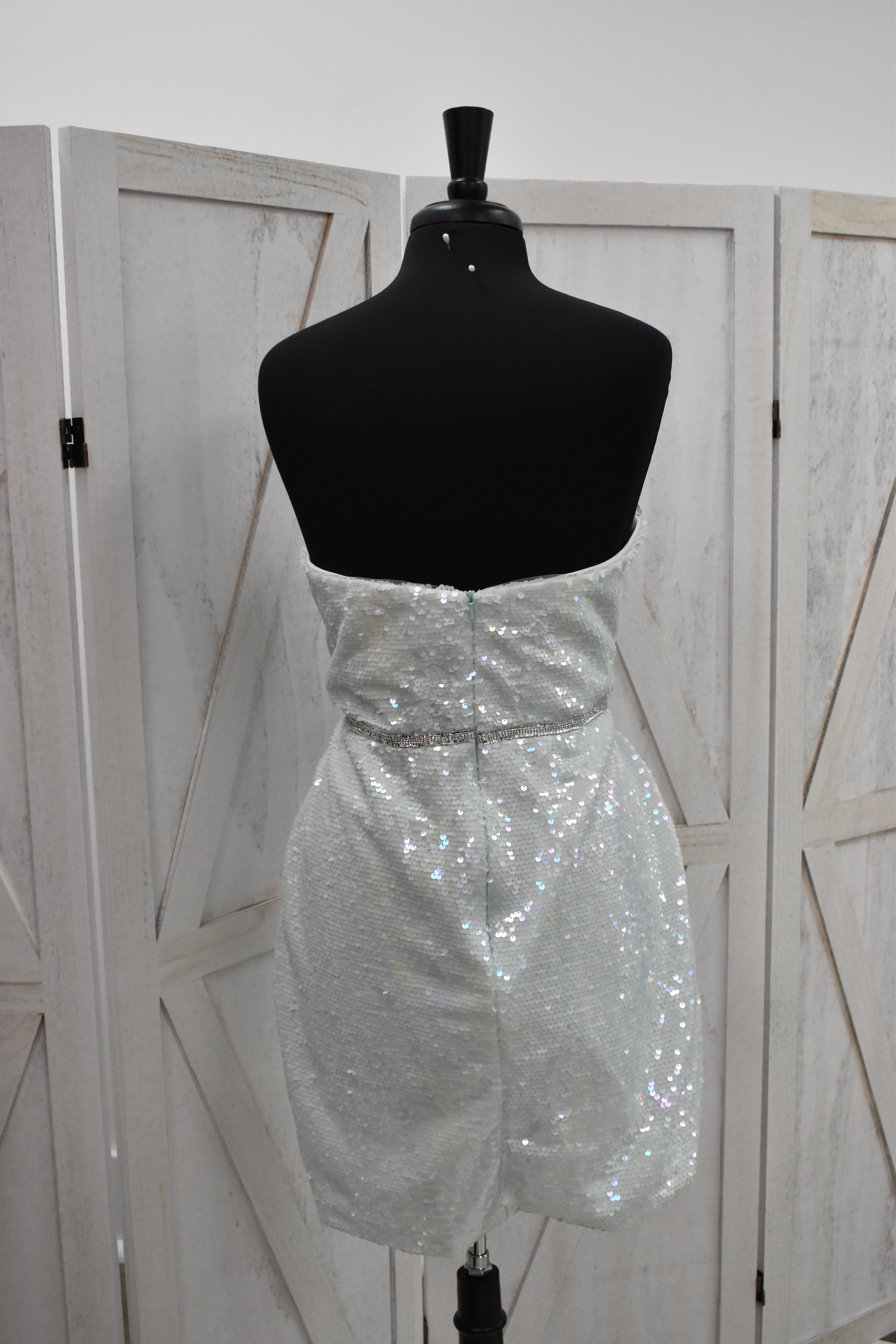 White Iridescent Sequin Strapless Sweetheart Bodycon Mini Dress with Crystal Belt