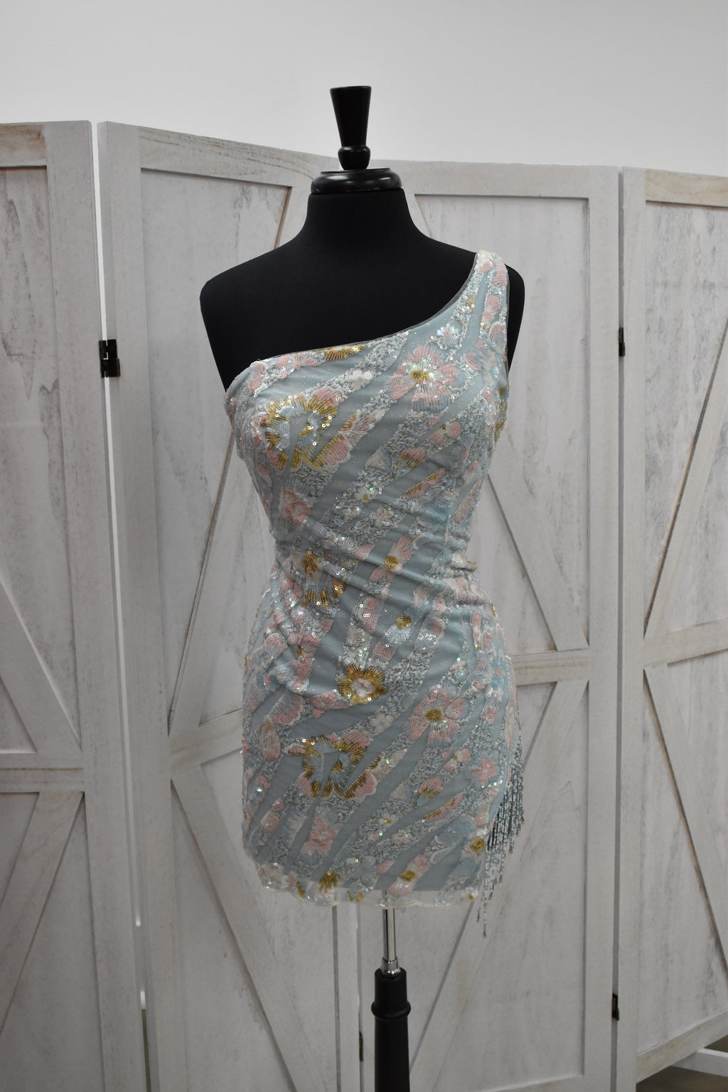Powder Blue Floral Embroidered One-Shoulder Bodycon Mini Dress with Beaded Fringe Hem