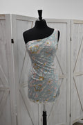 Powder Blue Floral Embroidered One-Shoulder Bodycon Mini Dress with Beaded Fringe Hem