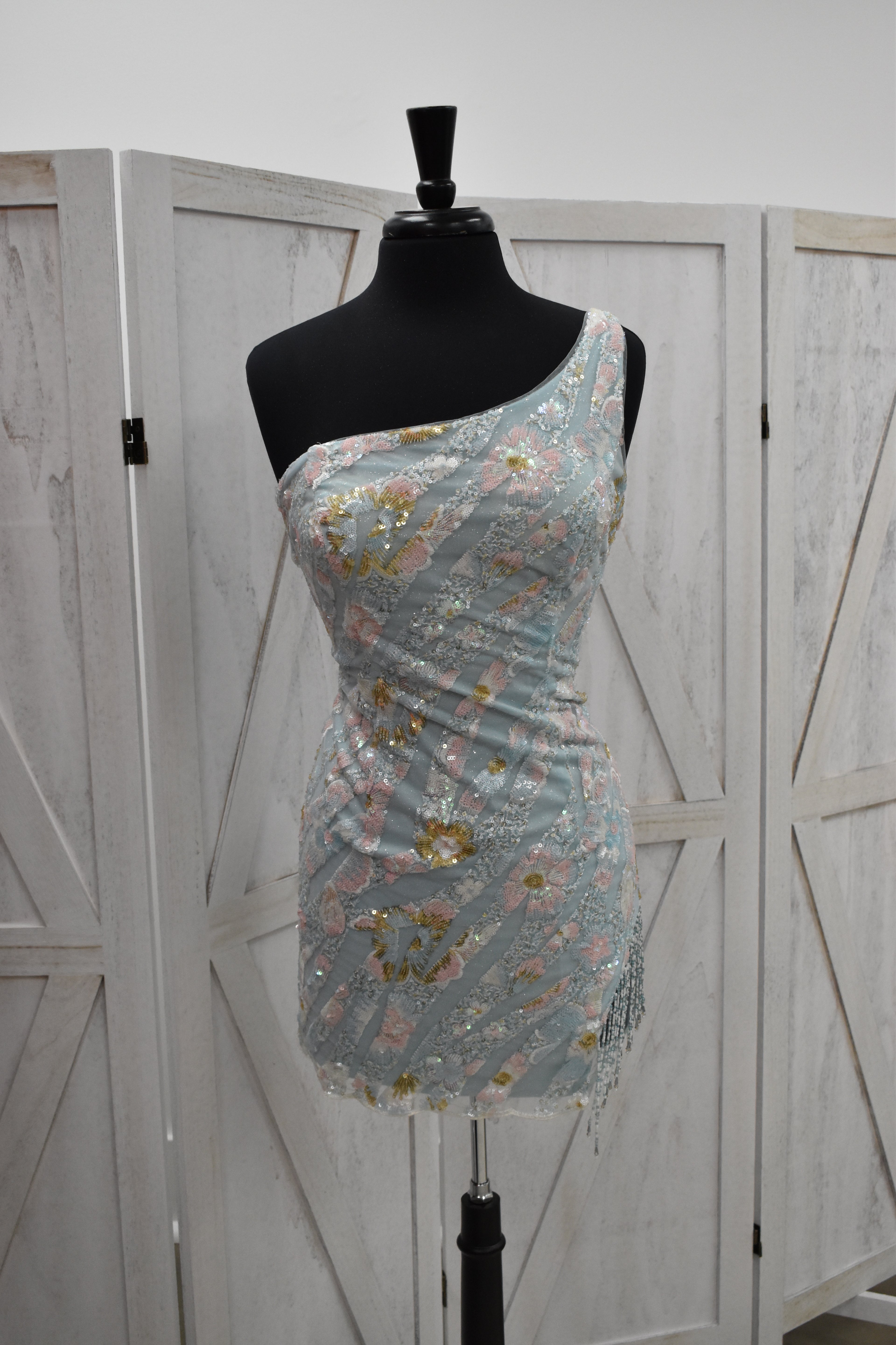 Powder Blue Floral Embroidered One-Shoulder Bodycon Mini Dress with Beaded Fringe Hem
