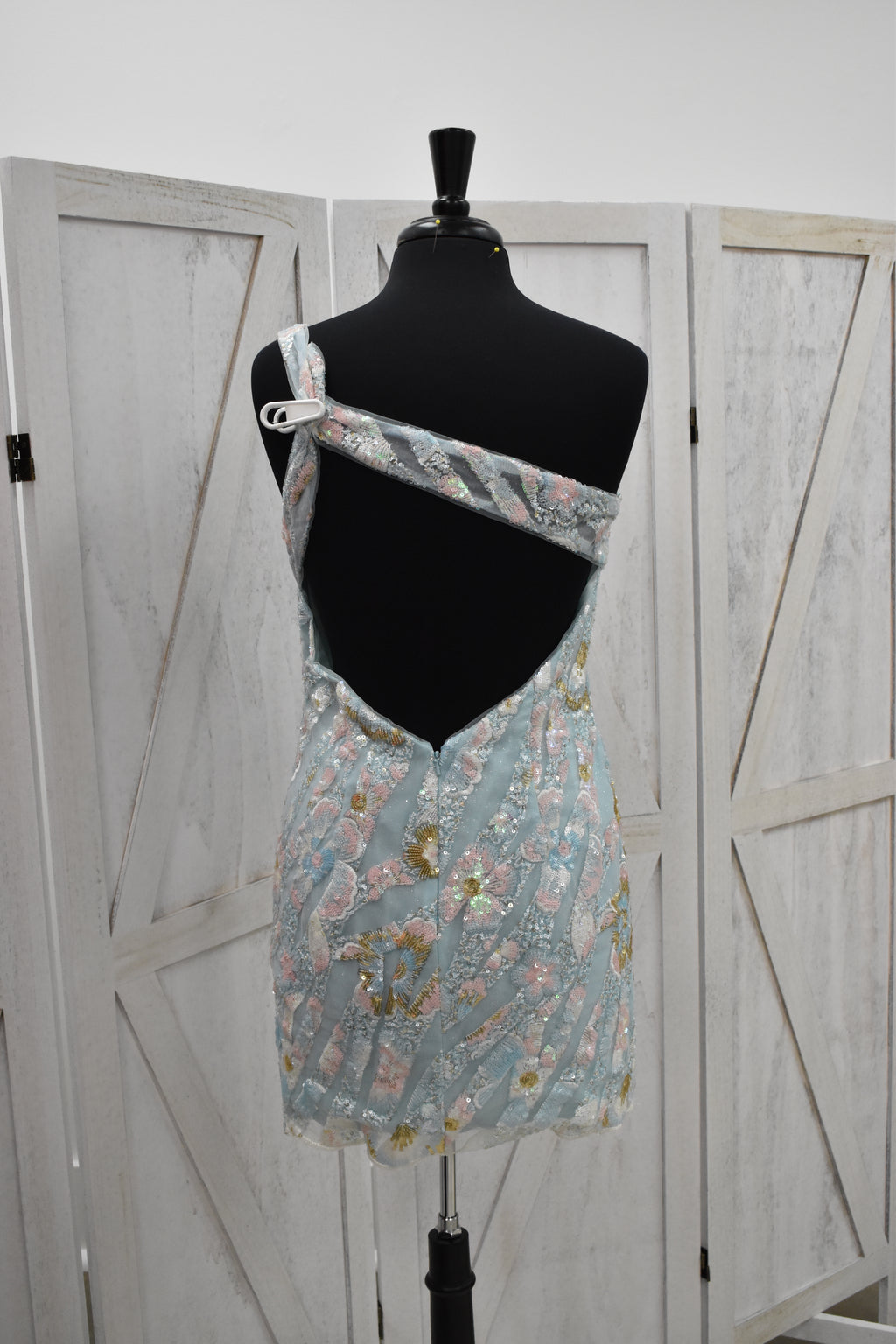 Powder Blue Floral Embroidered One-Shoulder Bodycon Mini Dress with Beaded Fringe Hem